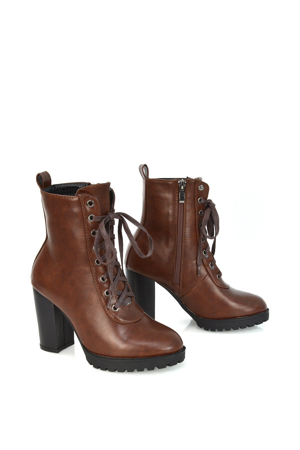 Brown 'Ariel' Lace up High Block Heel Zip-up Biker Ankle Boots, Image 4 of 5