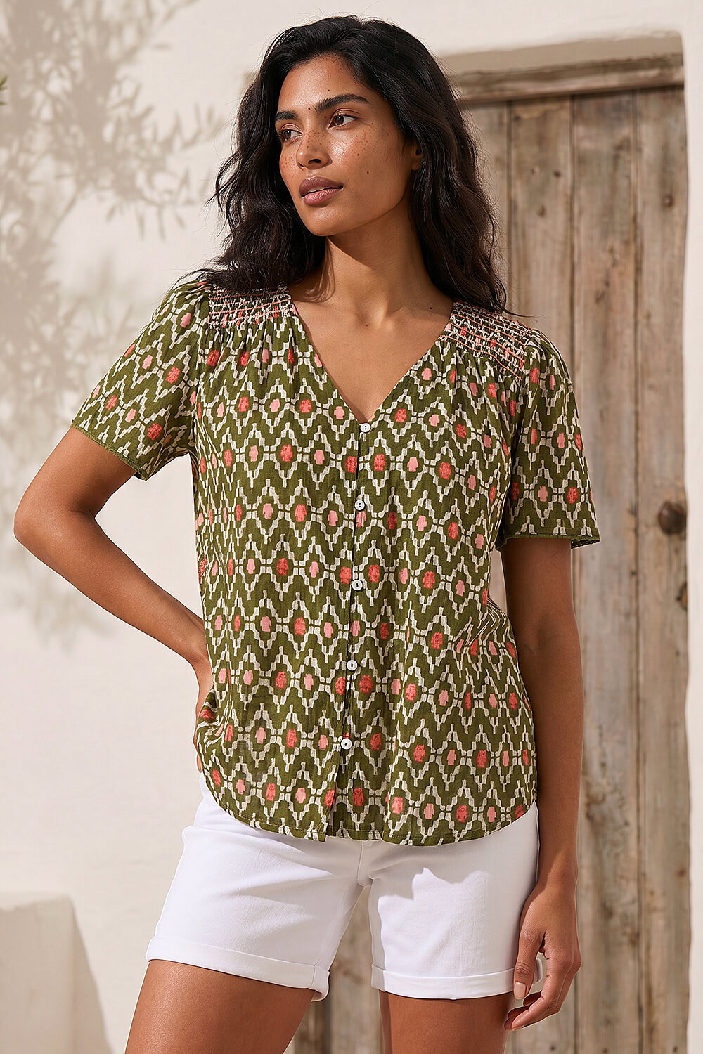 Khaki Printed Shirred Shoulder Blouse, Image 1 of 4