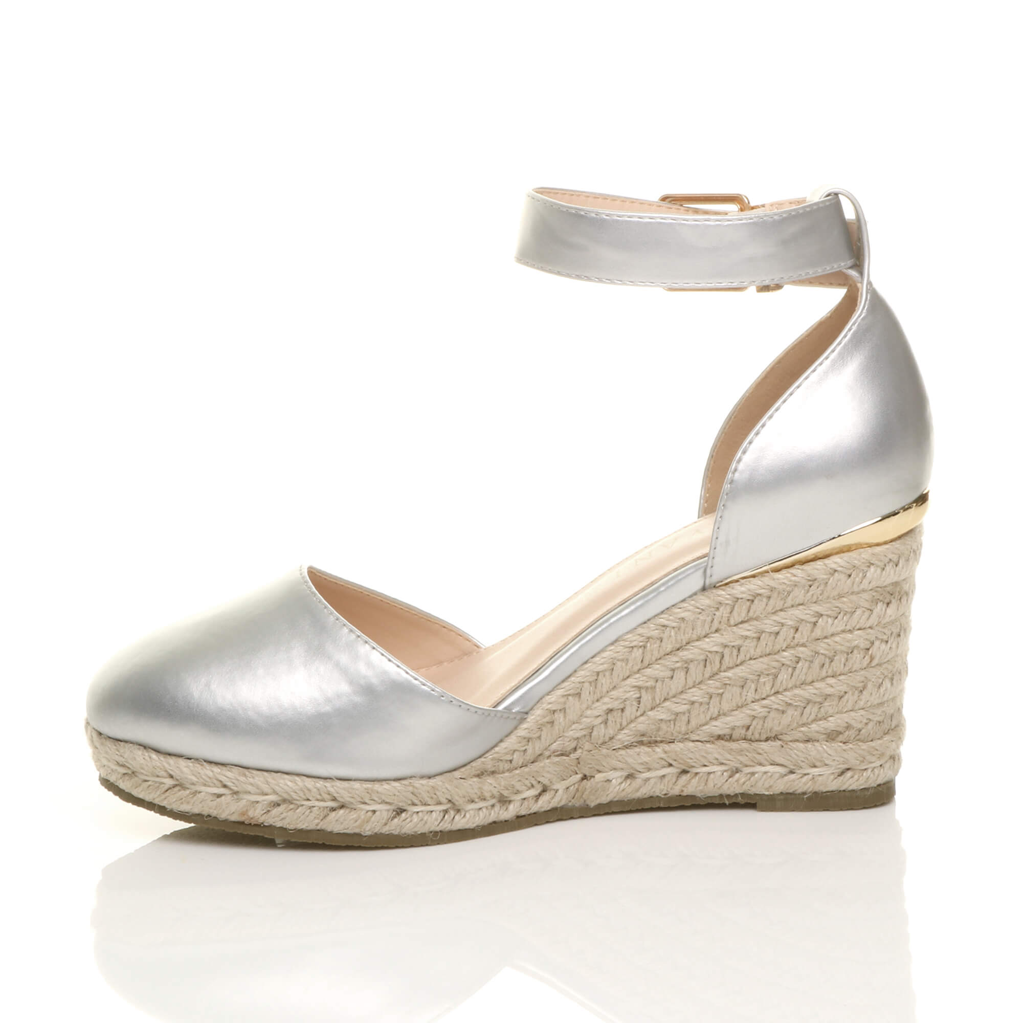 Silver AJVANI Silver Mid Wedge Heel Ankle Strap Espadrille Sandals, Image 3 of 6