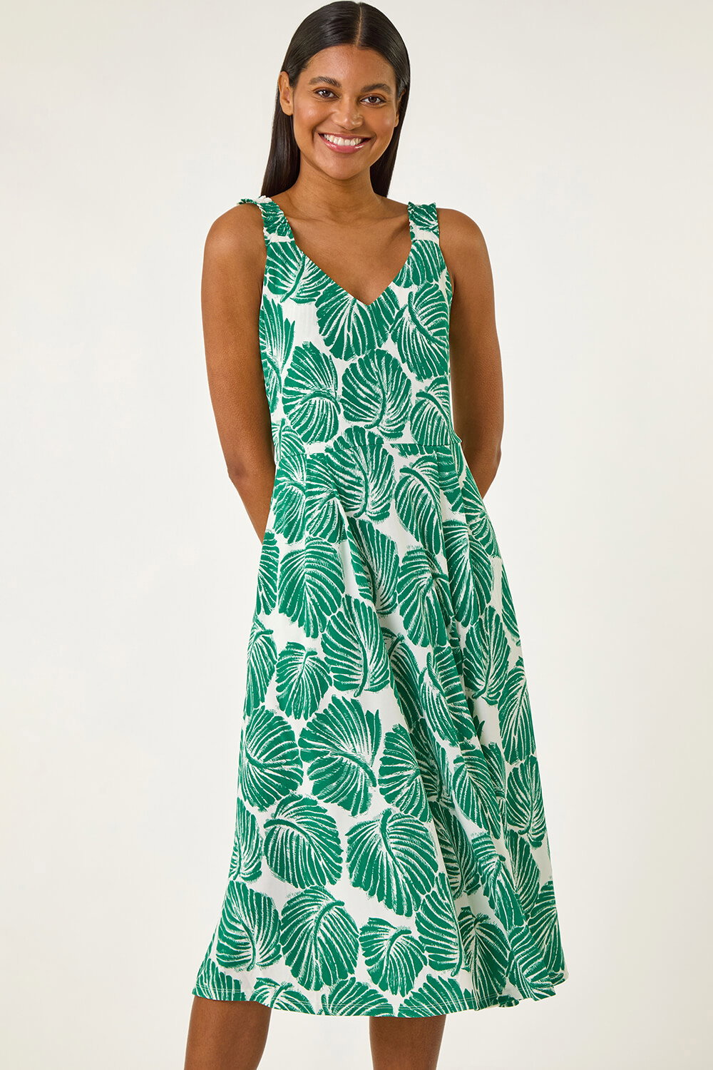 Green Leaf Print V-Neck Stretch Midi Dress, Image 5 of 5