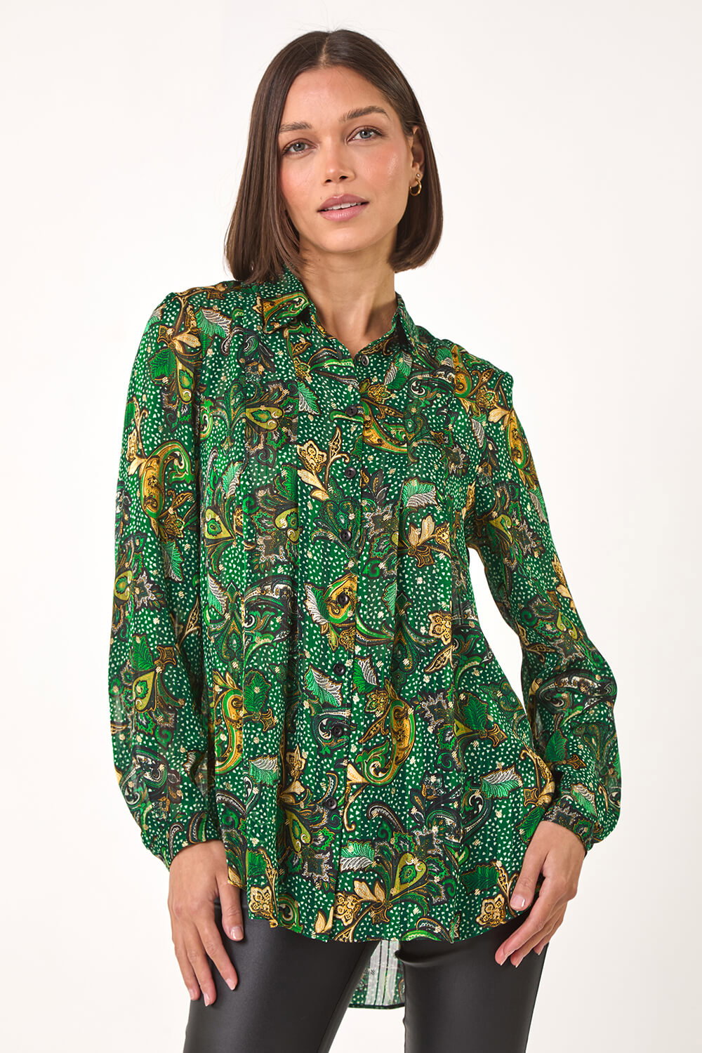 Emerald Paisley Print Pleated Blouse, Image 5 of 5