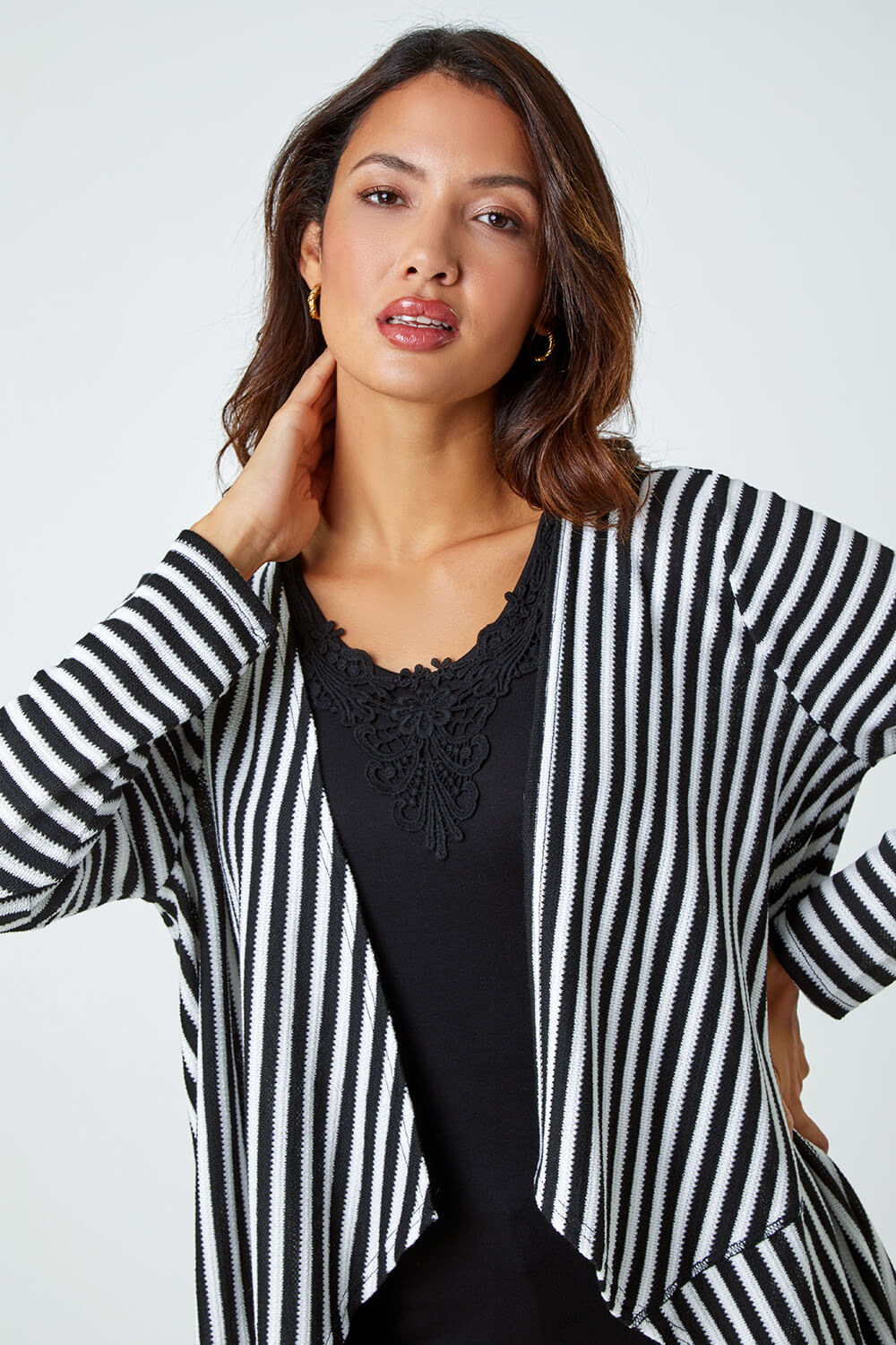 Black Stripe Cardigan & Lace Vest Stretch Top, Image 5 of 5