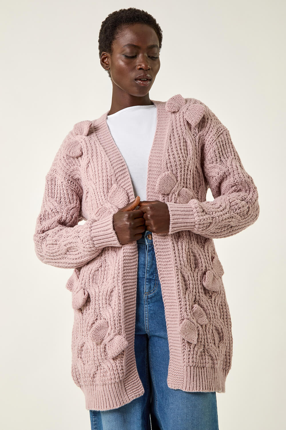Light Pink 3D Bow Knit Cardigan, Image 3 of 5