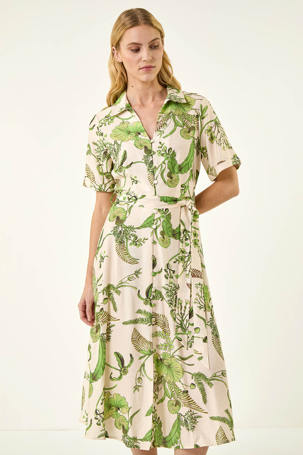 Green Floral Tie Waist Shirt Dress, Image 5 of 5