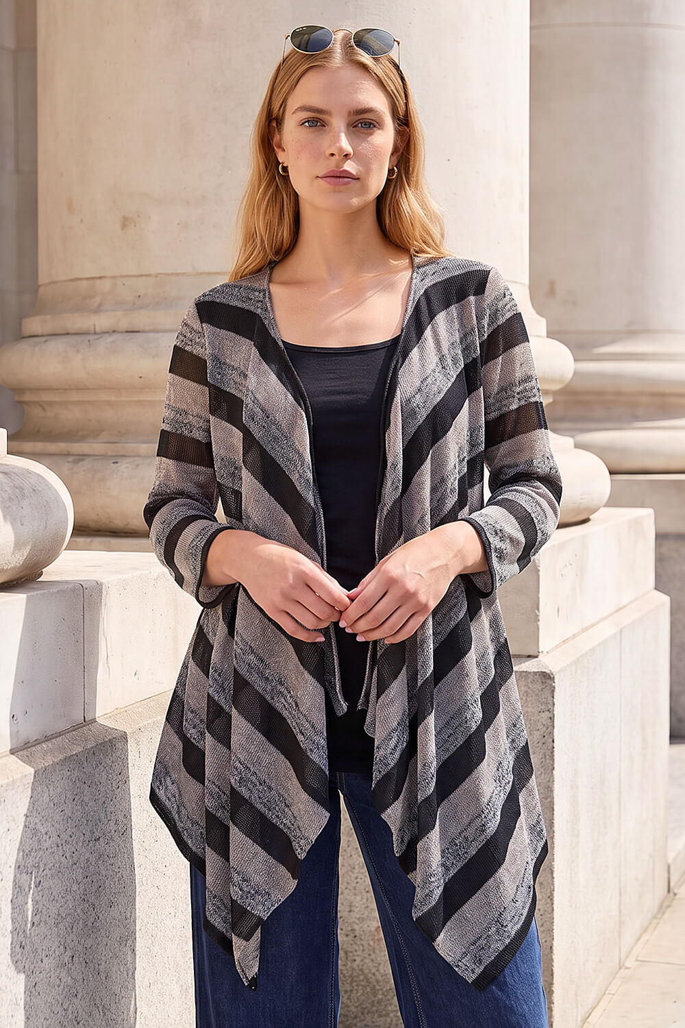 Black Mock Layer Stripe Knit Cardigan, Image 4 of 4