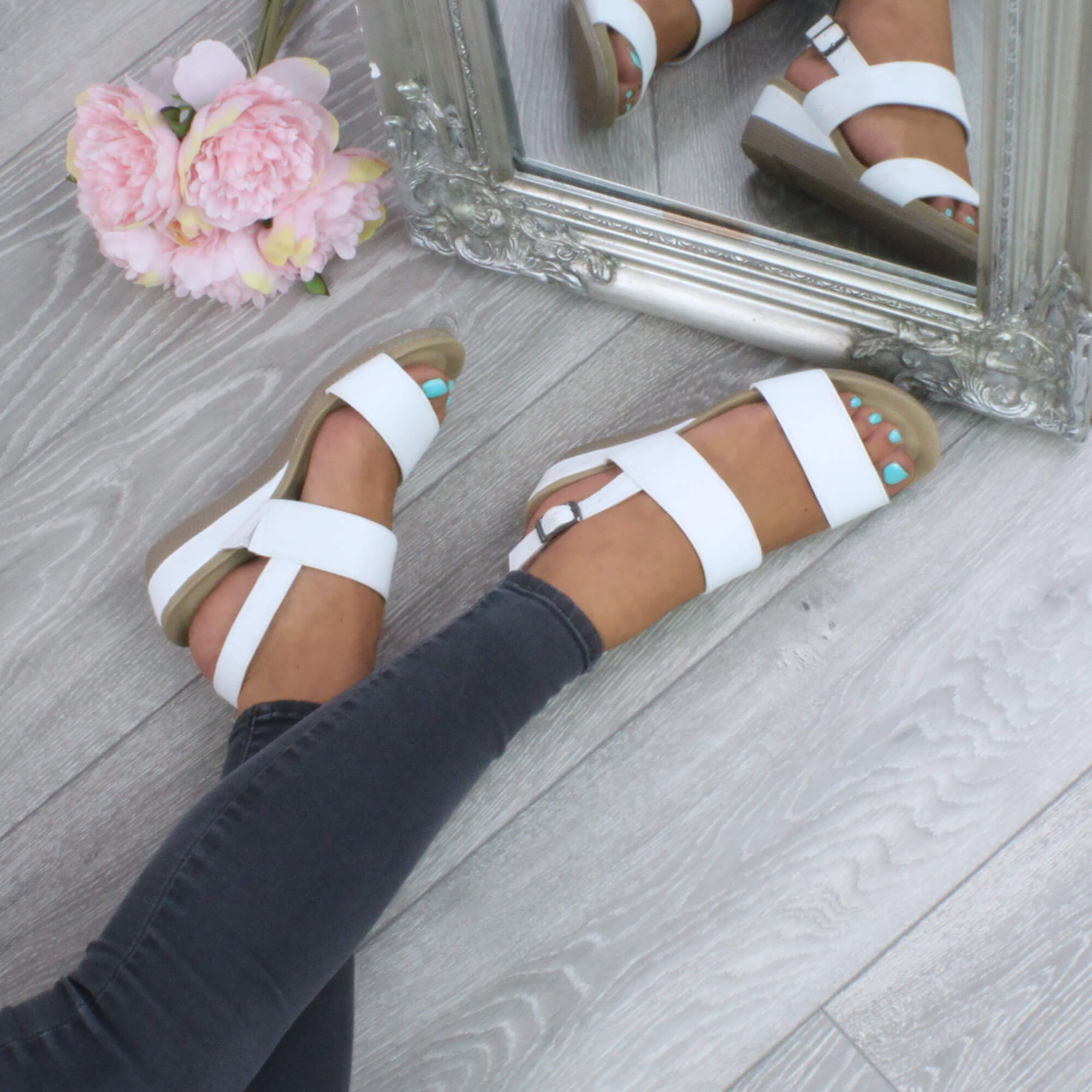White AJVANI White Mid Wedge Heel Strappy Slingback Sandals, Image 5 of 6