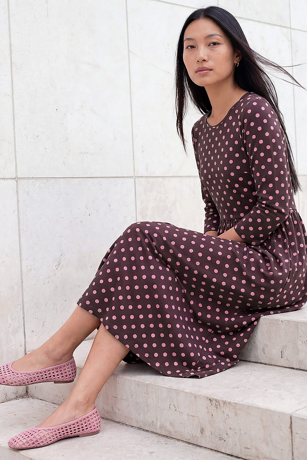Pink Polka Dot Print Pocket Dress, Image 3 of 4