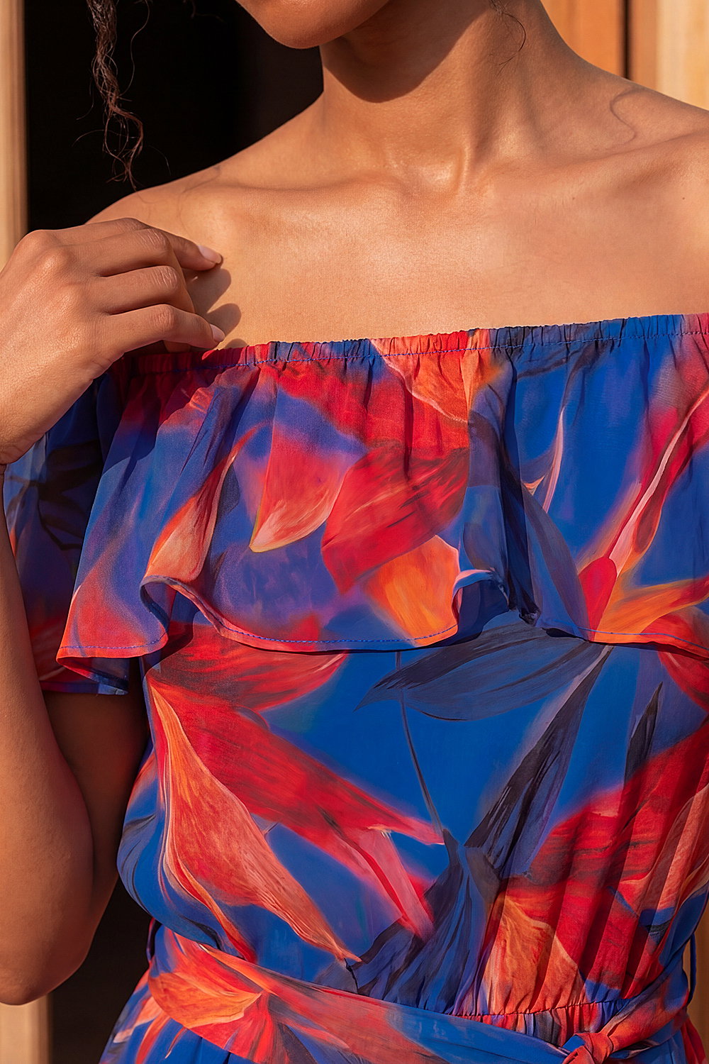 Navy Floral Print Bardot Belted Maxi Dress, Image 5 of 4