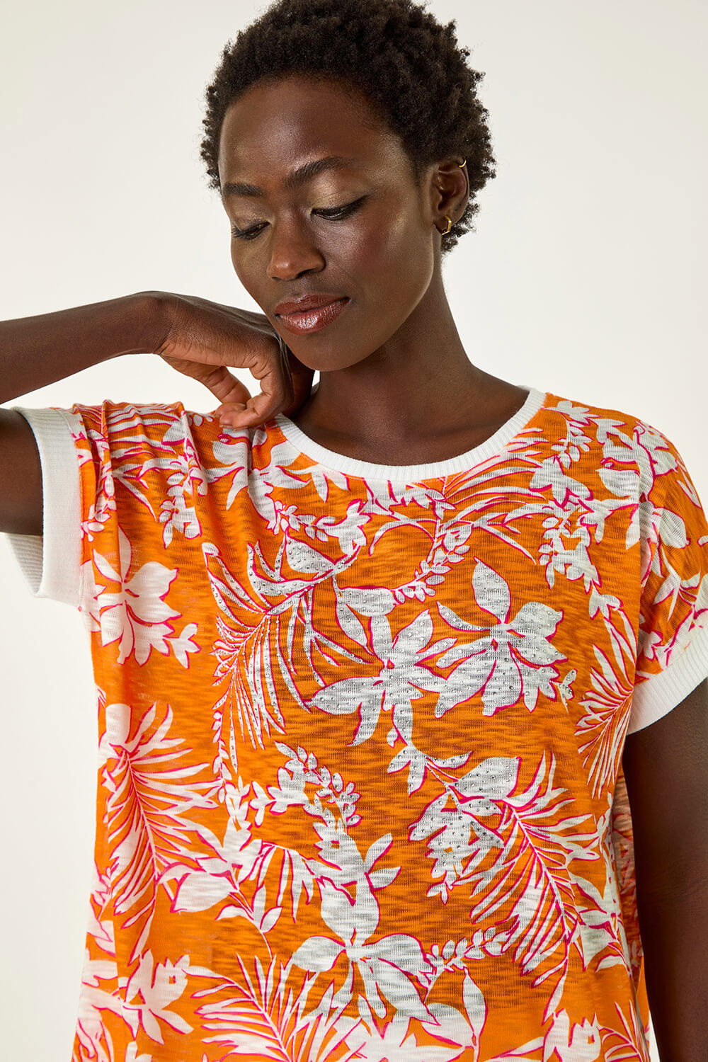 Orange Floral Print Sparkly Stretch Top, Image 1 of 5