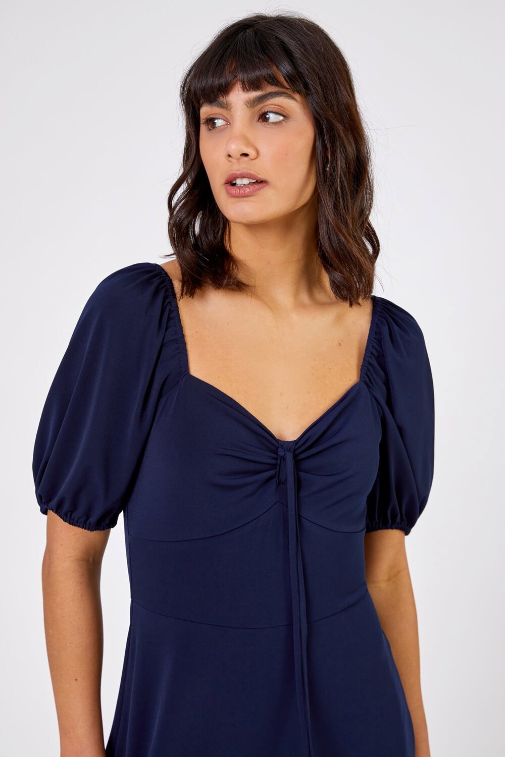 Navy Ruched Jersey Tie Detail Midi Dress, Image 1 of 4
