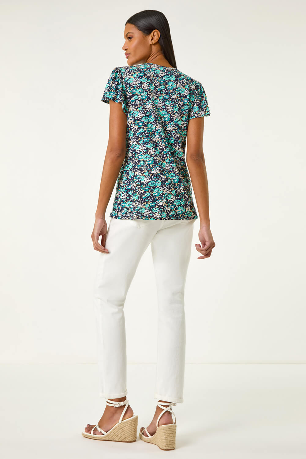 Navy Floral Print Ladder Trim Stretch Top, Image 4 of 5