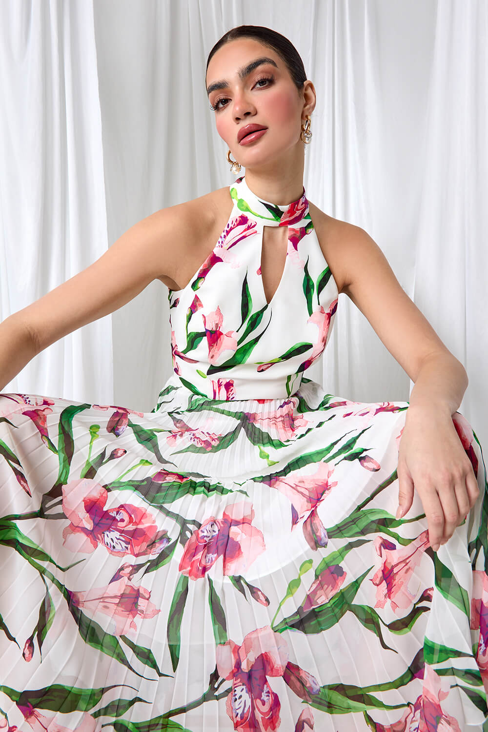 open lace back dress Pink Multi Metallic Floral Jacquard Ruffle Midi Dress