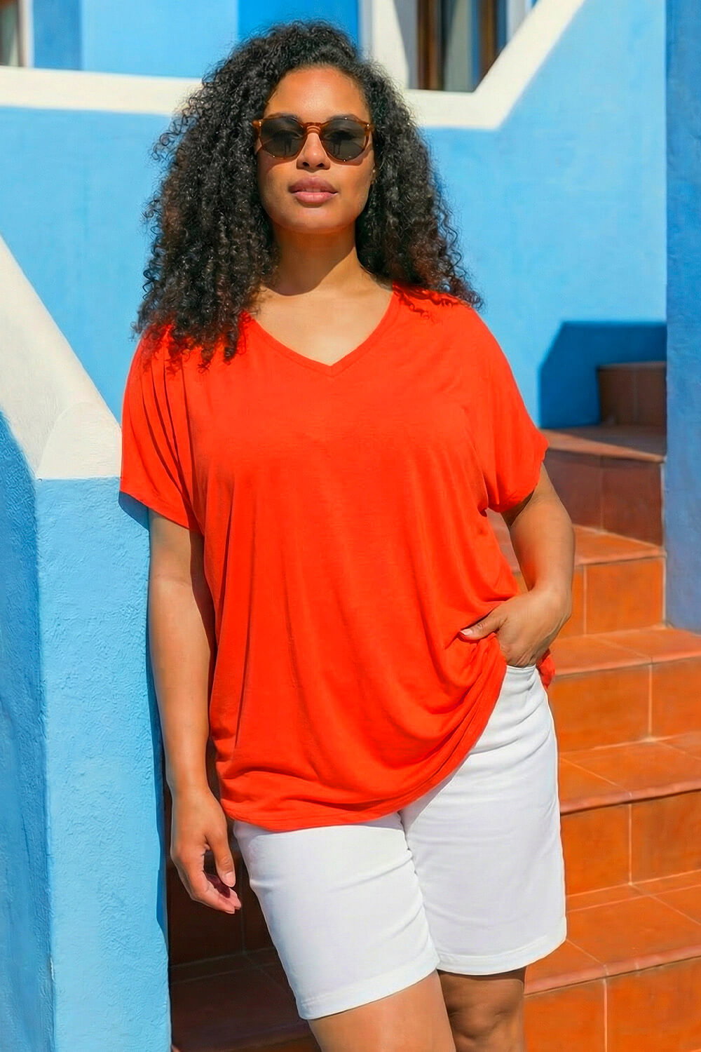 Rust Curve V-Neck Stretch Top, Image 3 of 4