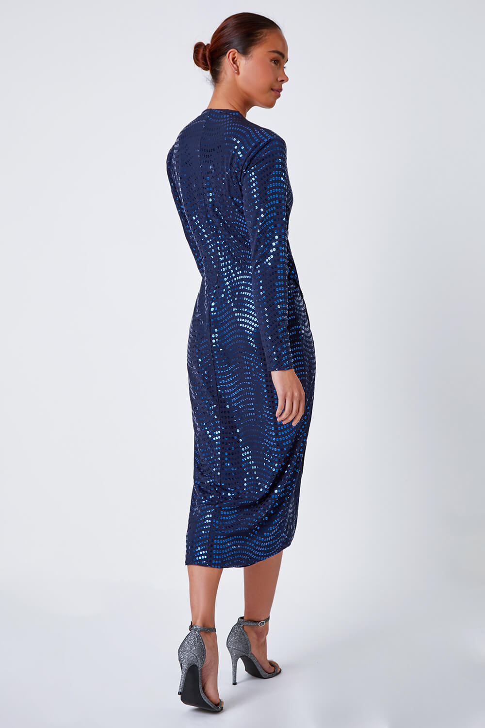 Midnight Blue Petite Sequin Wrap Midi Dress, Image 4 of 5