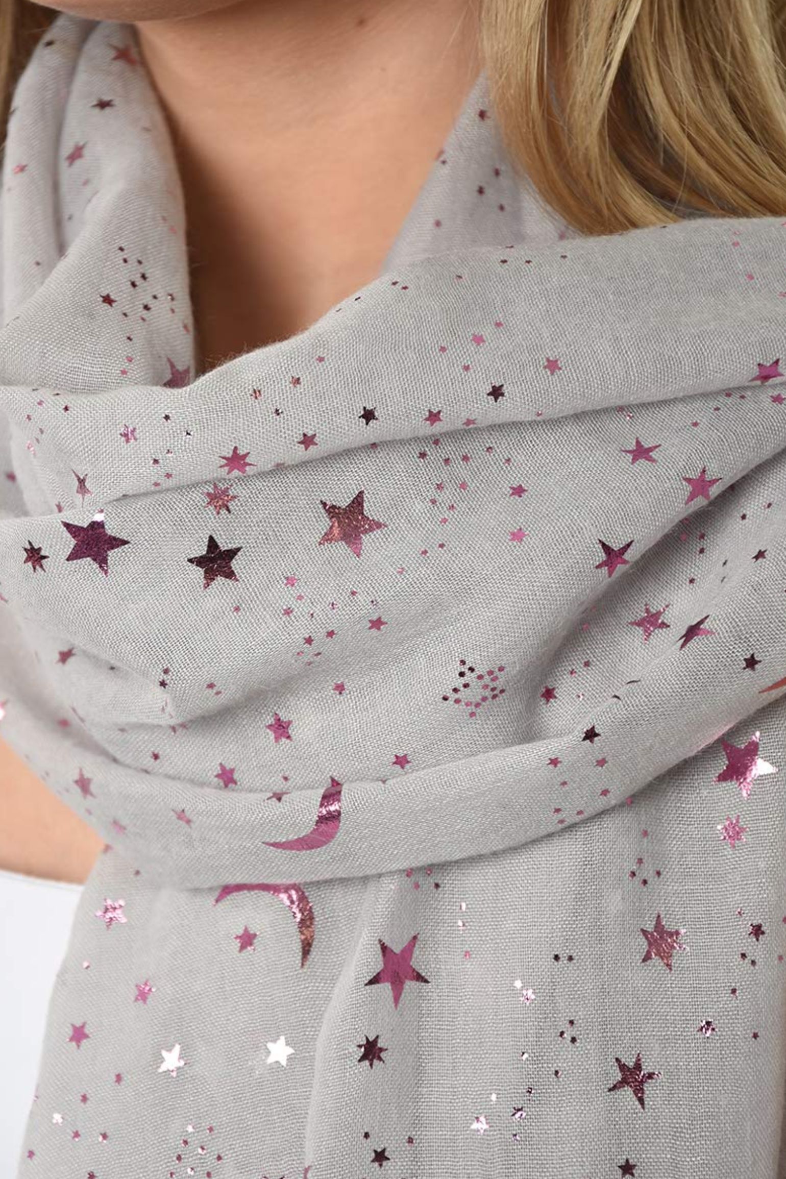 Light Grey Foil Star Moon Lighweight Scarf, Image 2 of 4