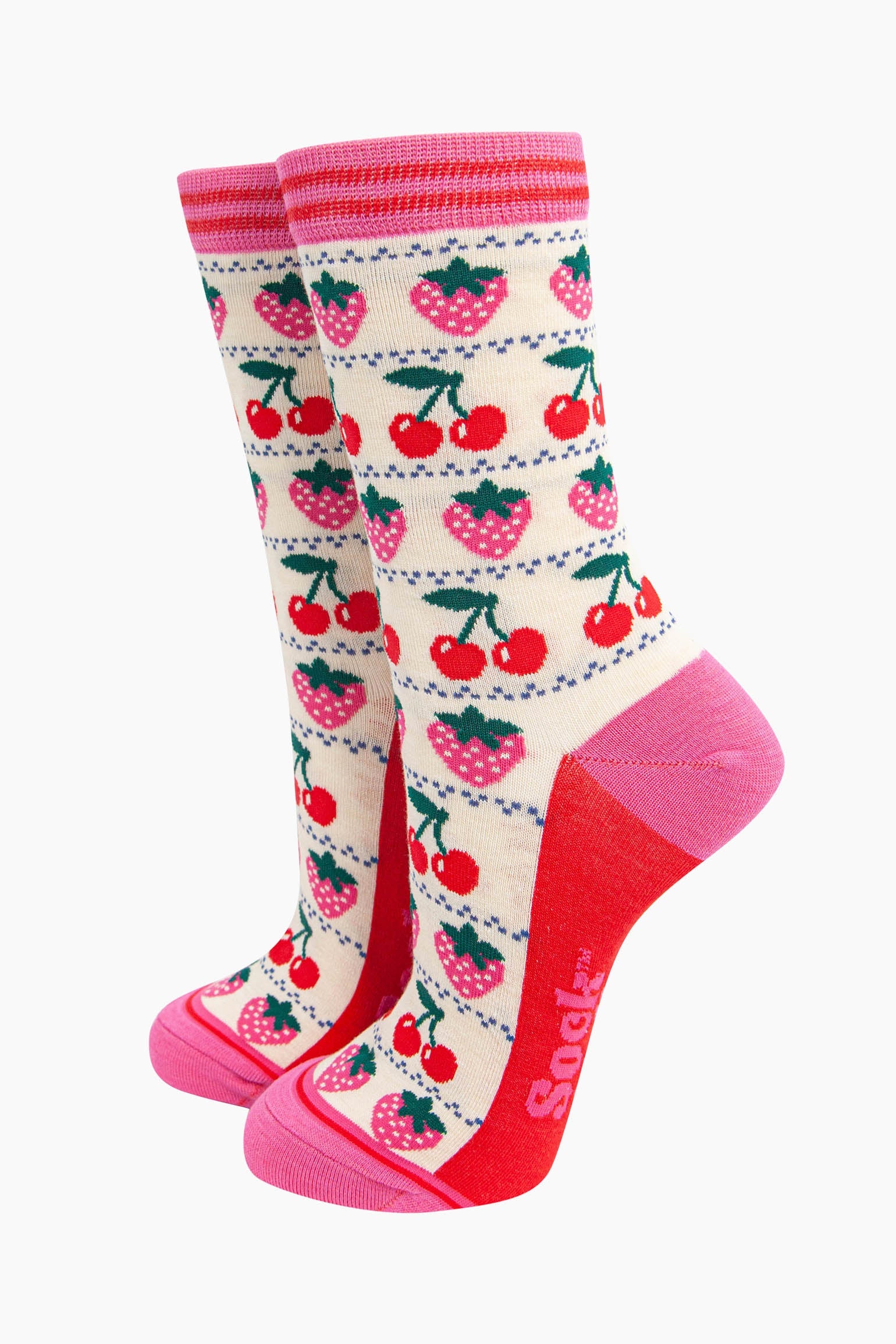 Cream Fair Isle Strawberry Cherry Bamboo Socks, Image 1 of 4