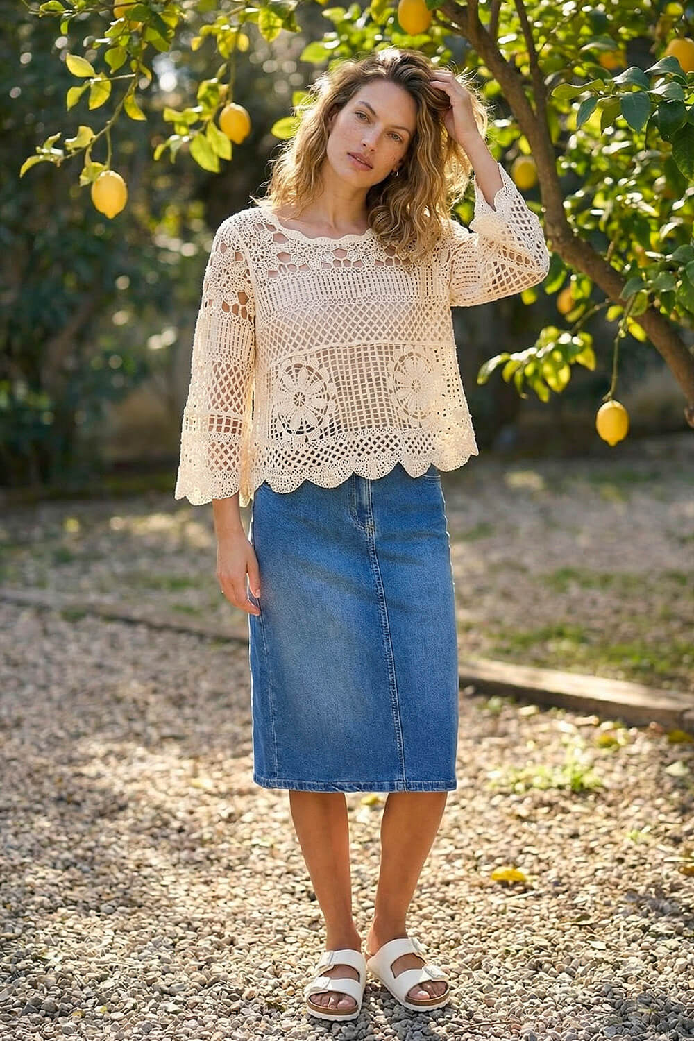 Natural Crochet Knit Flared Sleeve Top, Image 3 of 4