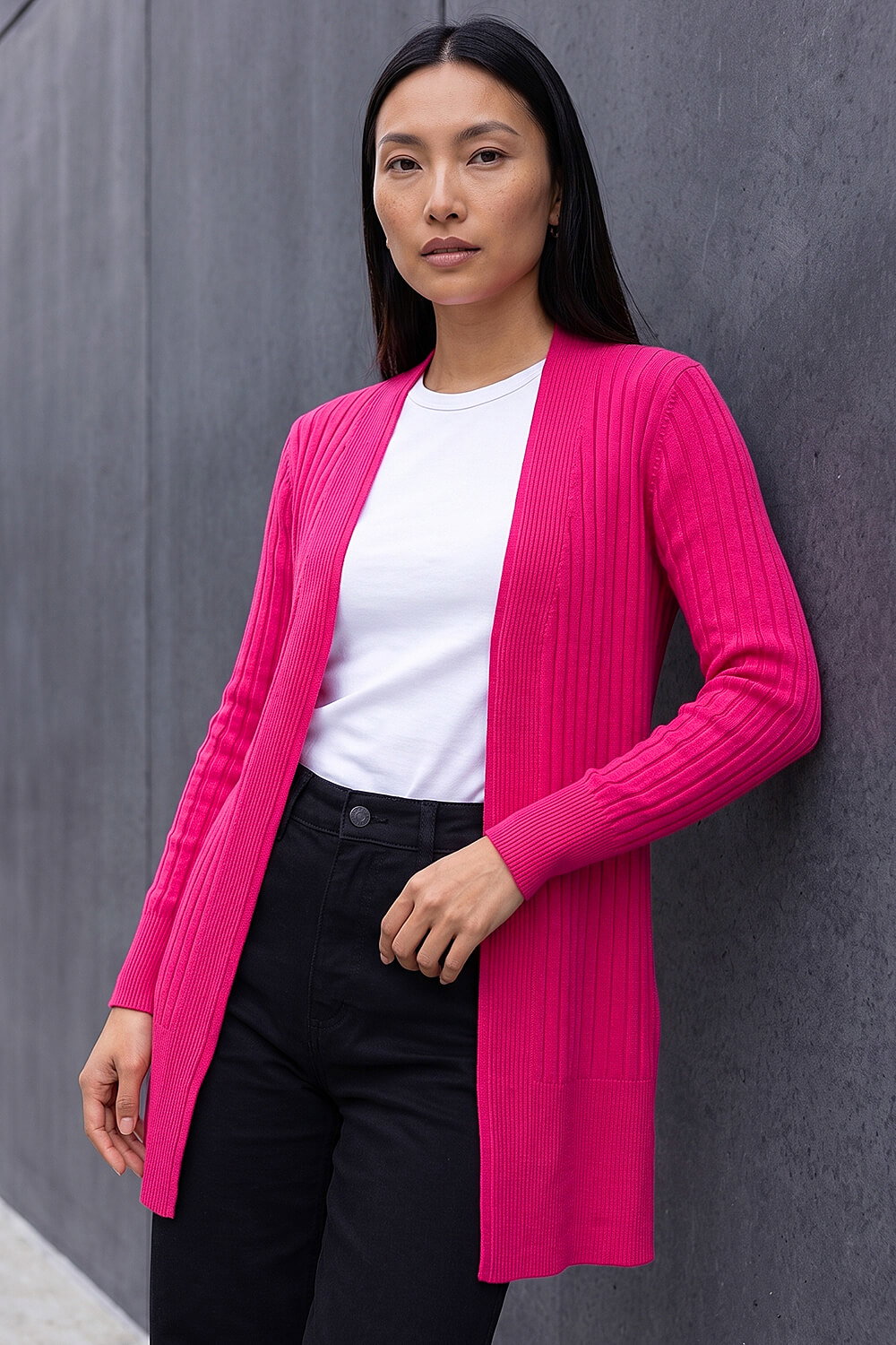 Roman Women's Cerise Longline Stretch Ribbed Cardigan Size 14