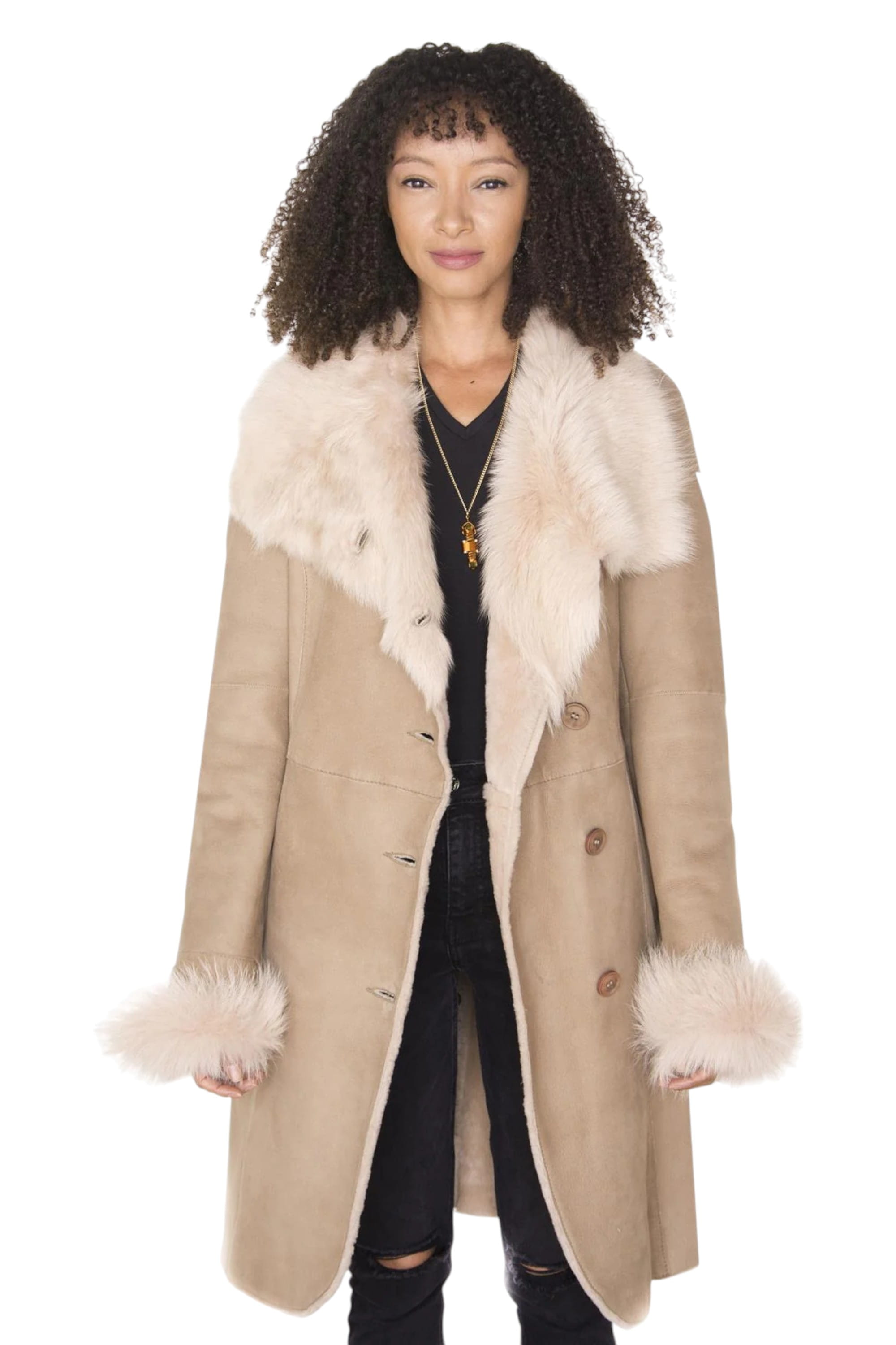 Beige Toscana Collar Merino Shearling Coat, Image 2 of 4