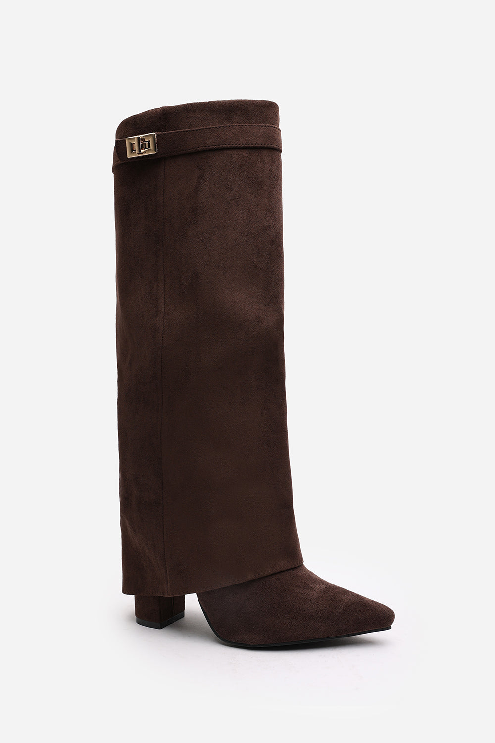 Brown Keira Fold Over Shark Block Heel Point Toe Boots, Image 3 of 5