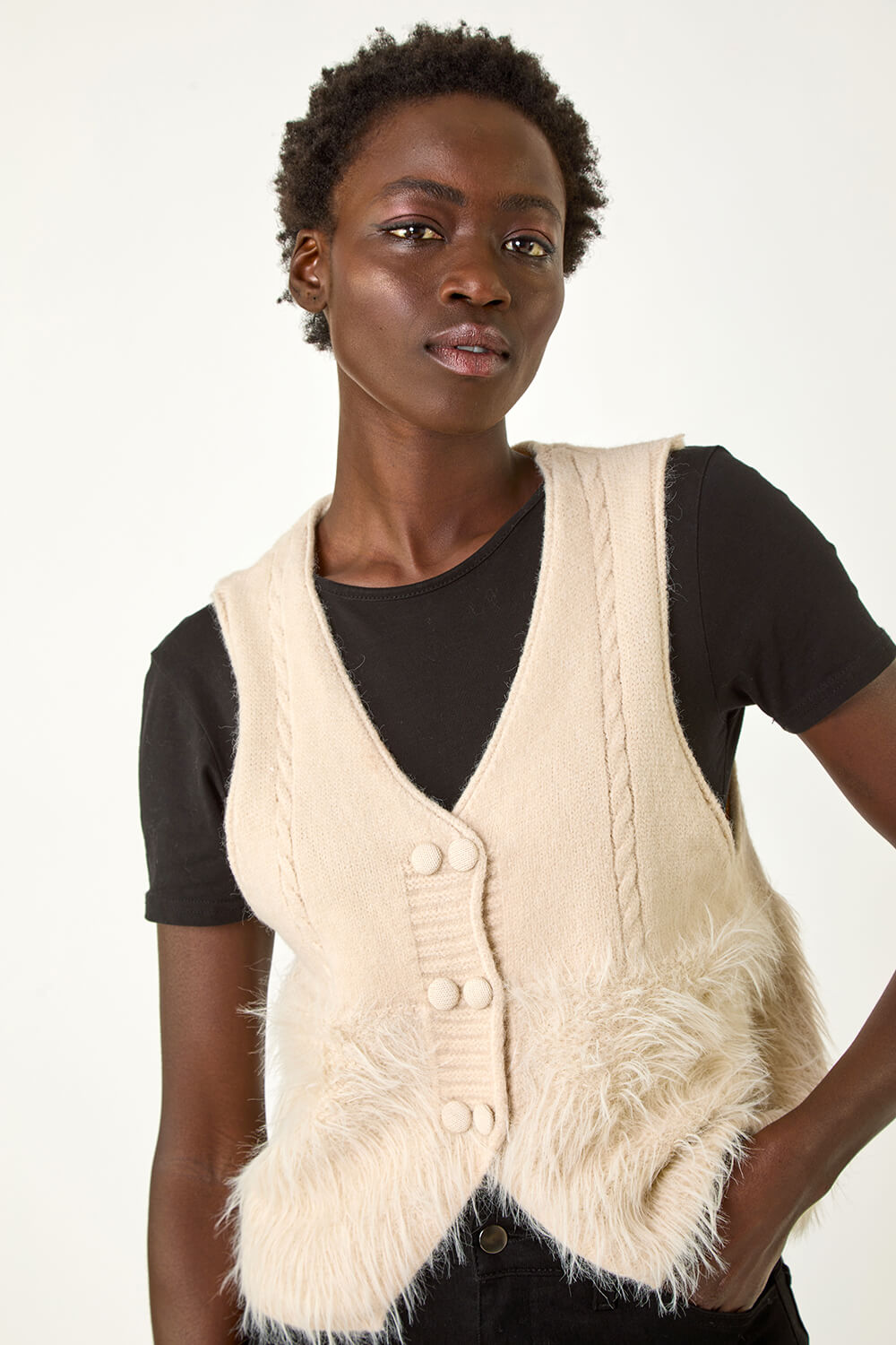 Beige Tassel Faux Fur Gilet, Image 5 of 5