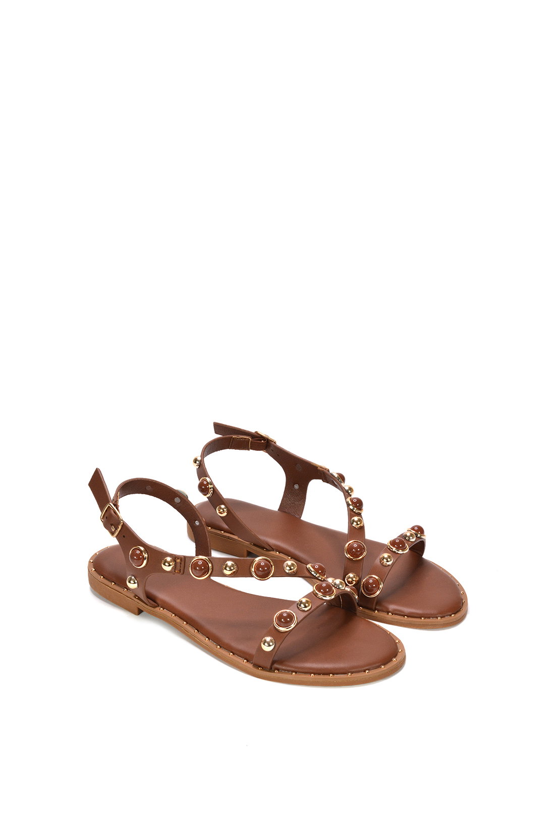 Brown XY LONDON Brown Flat Slingback Sandals With Studded Pearls, Image 5 of 6