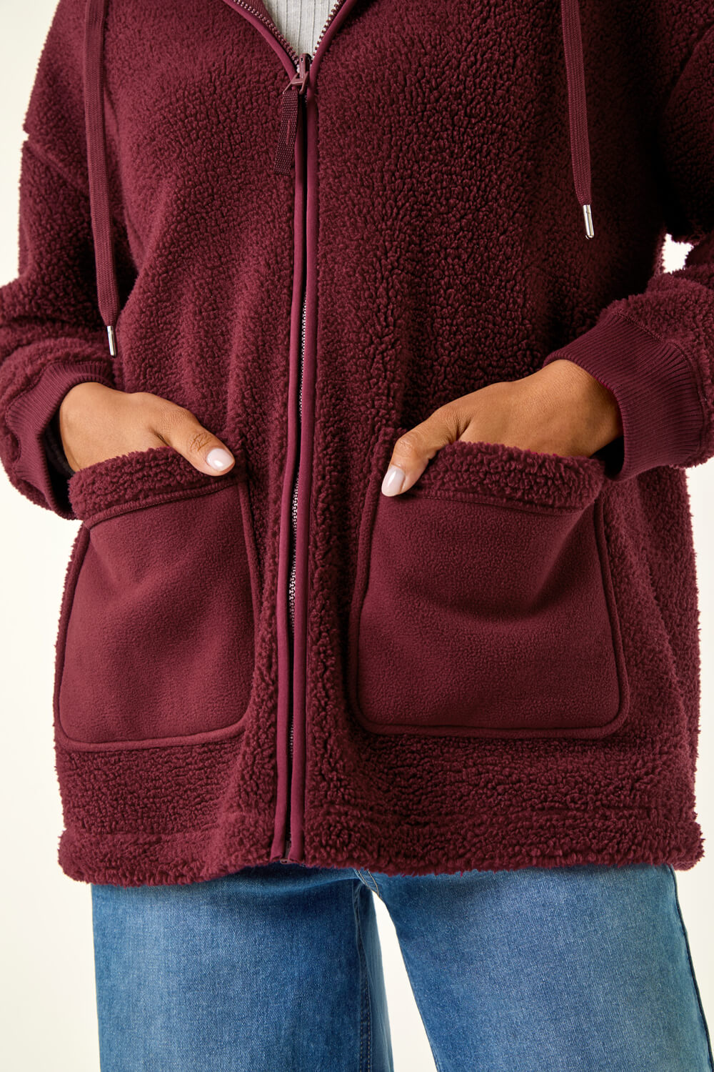 Burgundy Hooded Borg Zip Through Jacket, Image 6 of 5
