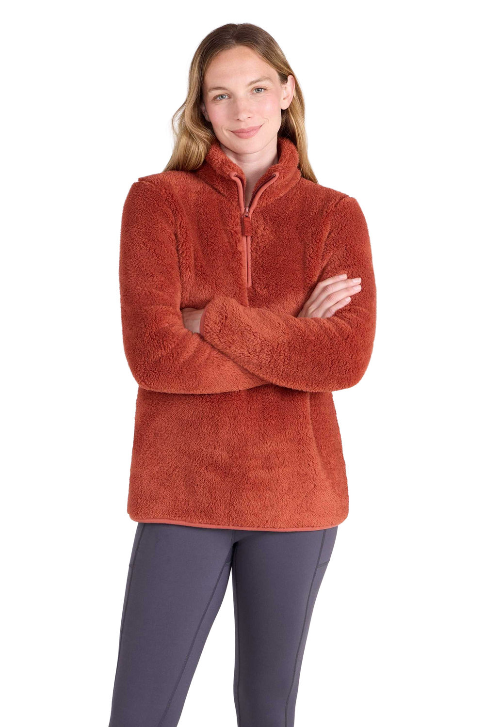 Dark Orange Teddy Fleece Quarter Zip Fleece Top, Image 1 of 5