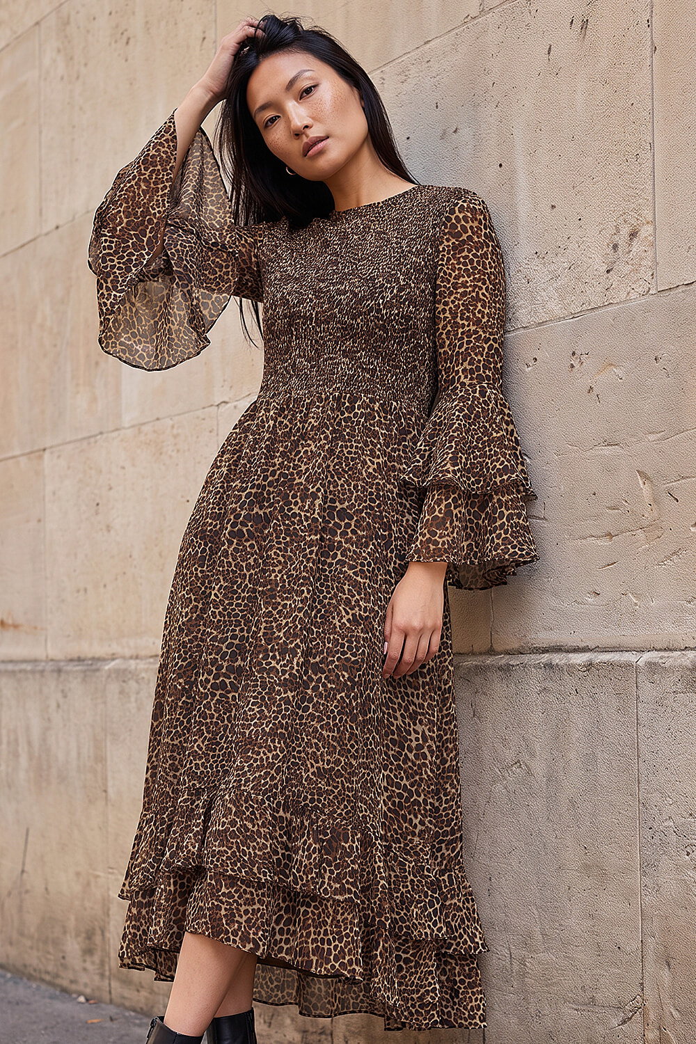 Roman  Tan Animal Print Frill Sleeve Midi Dress Size 20