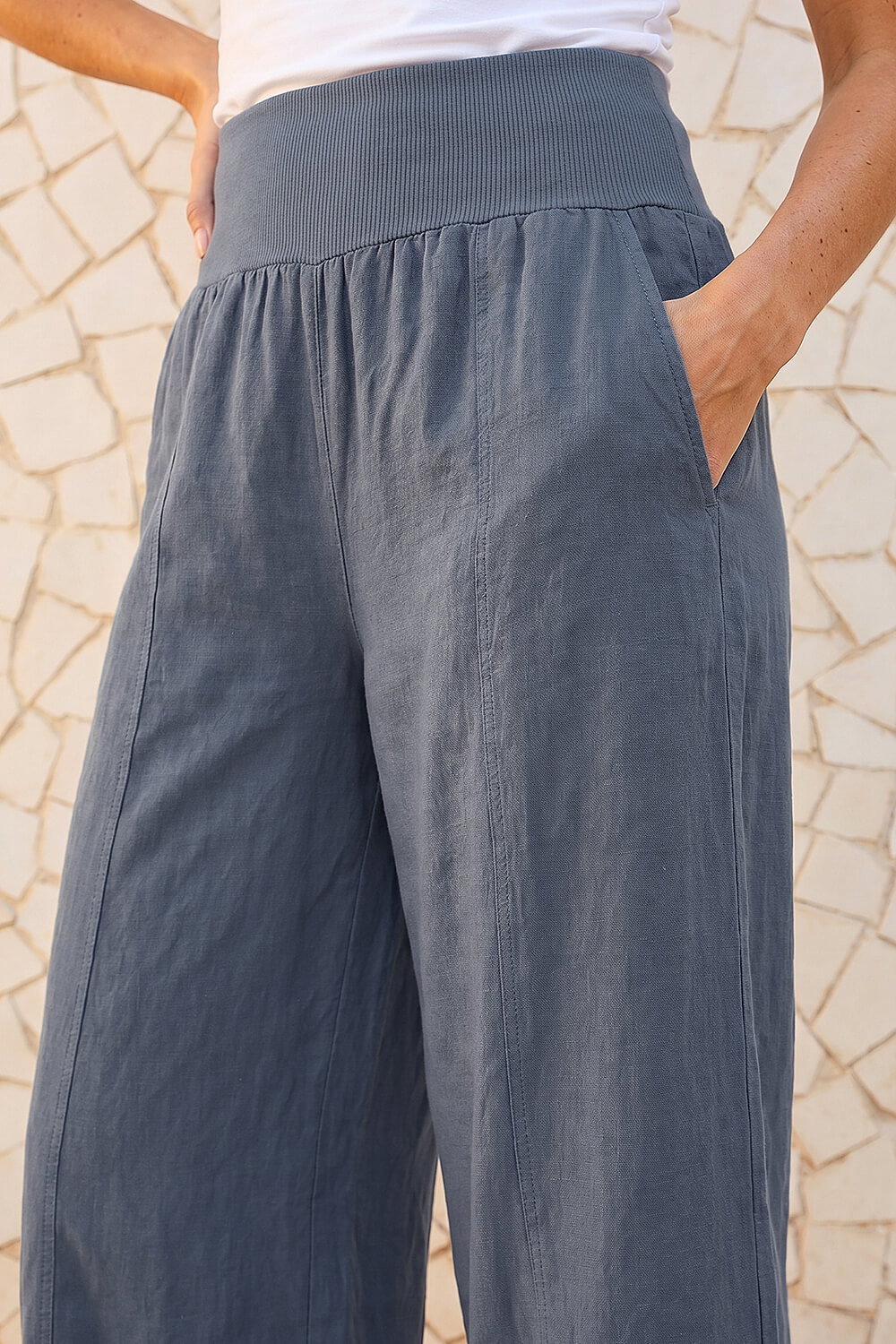 Denim Linen Blend Stretch Waist Culottes, Image 5 of 4