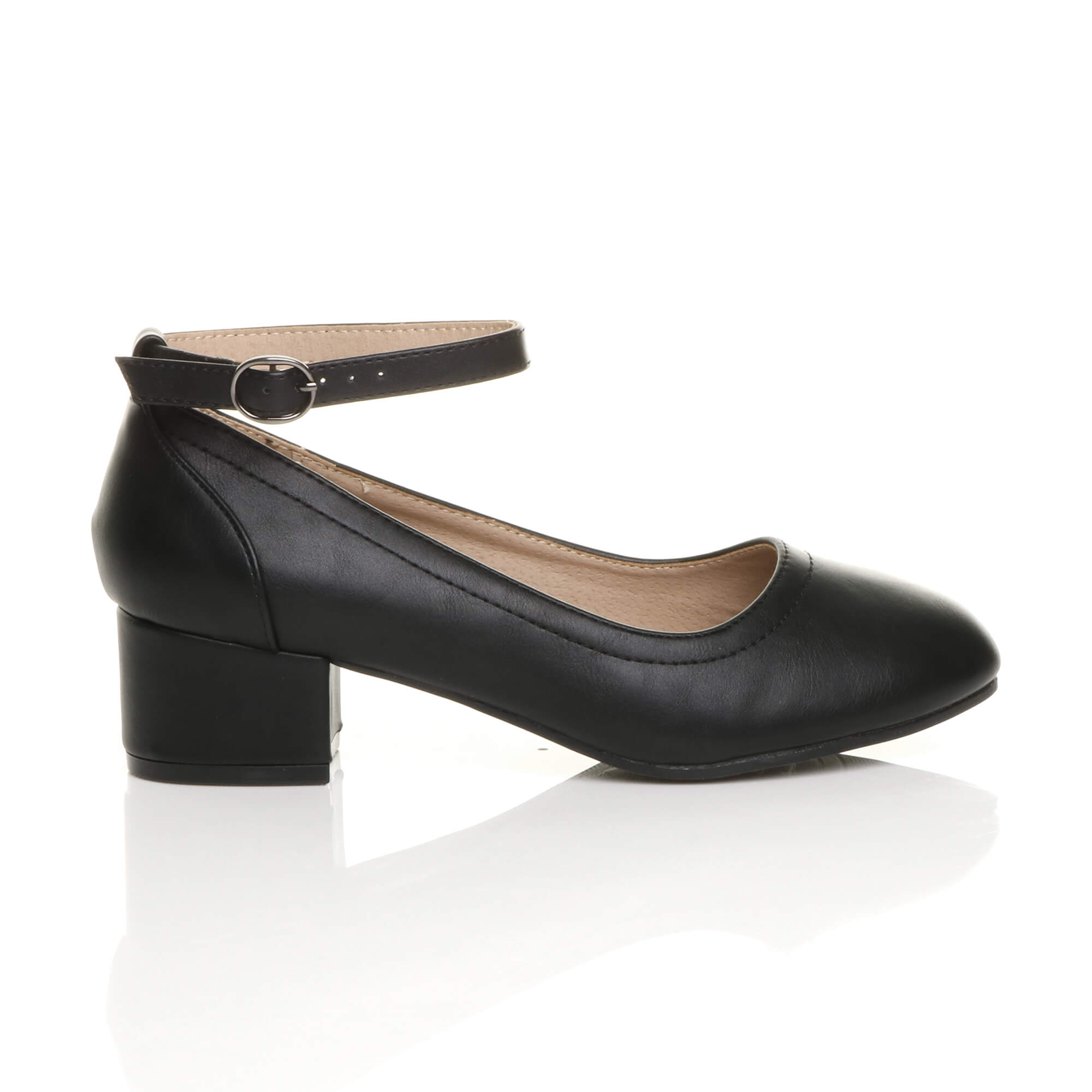 Black Low Block Heel Ankle Strap Court Shoes, Image 2 of 6