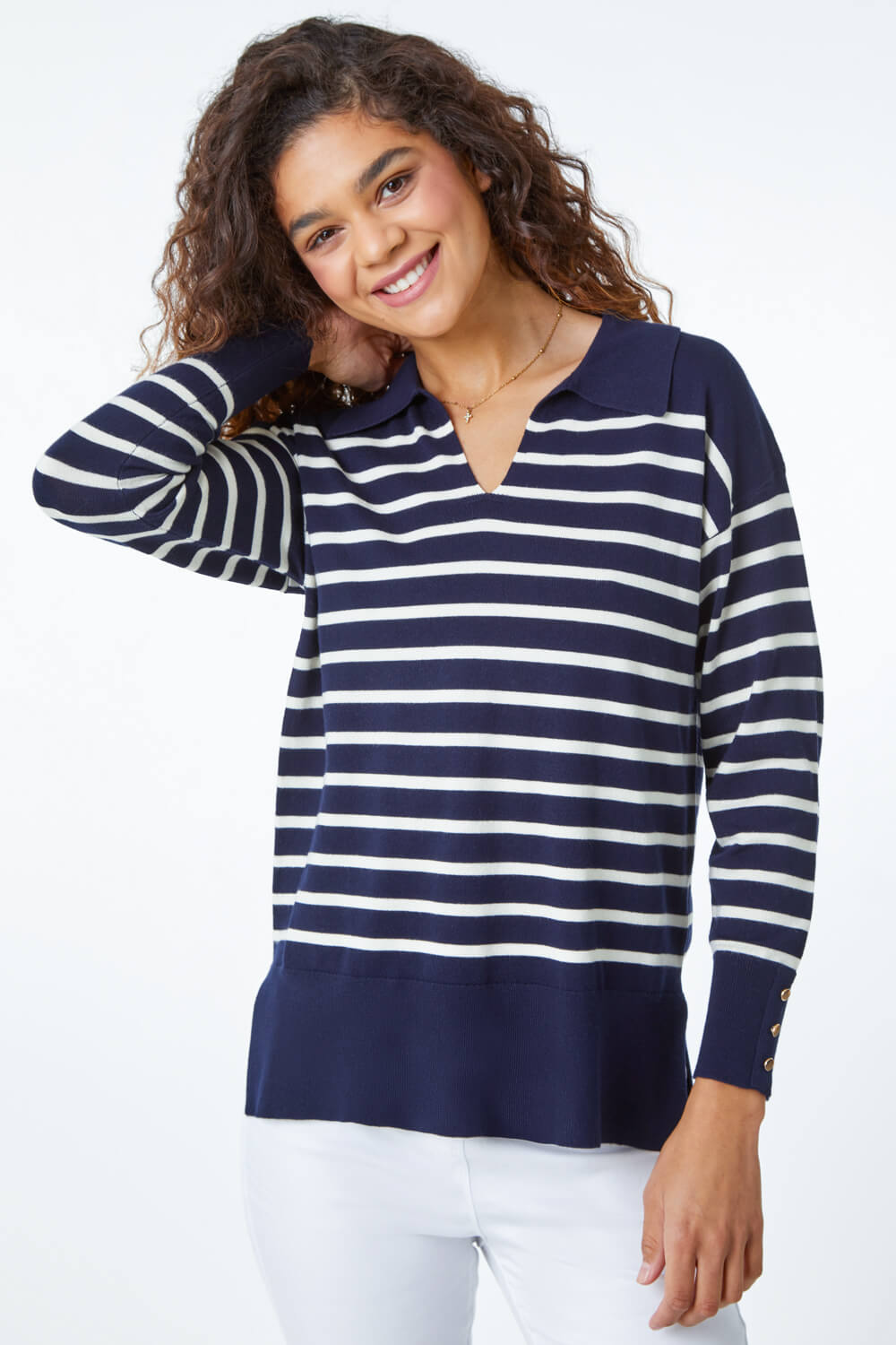 Relaxed Polo Neck Striped Jumper, Image 3 of 5