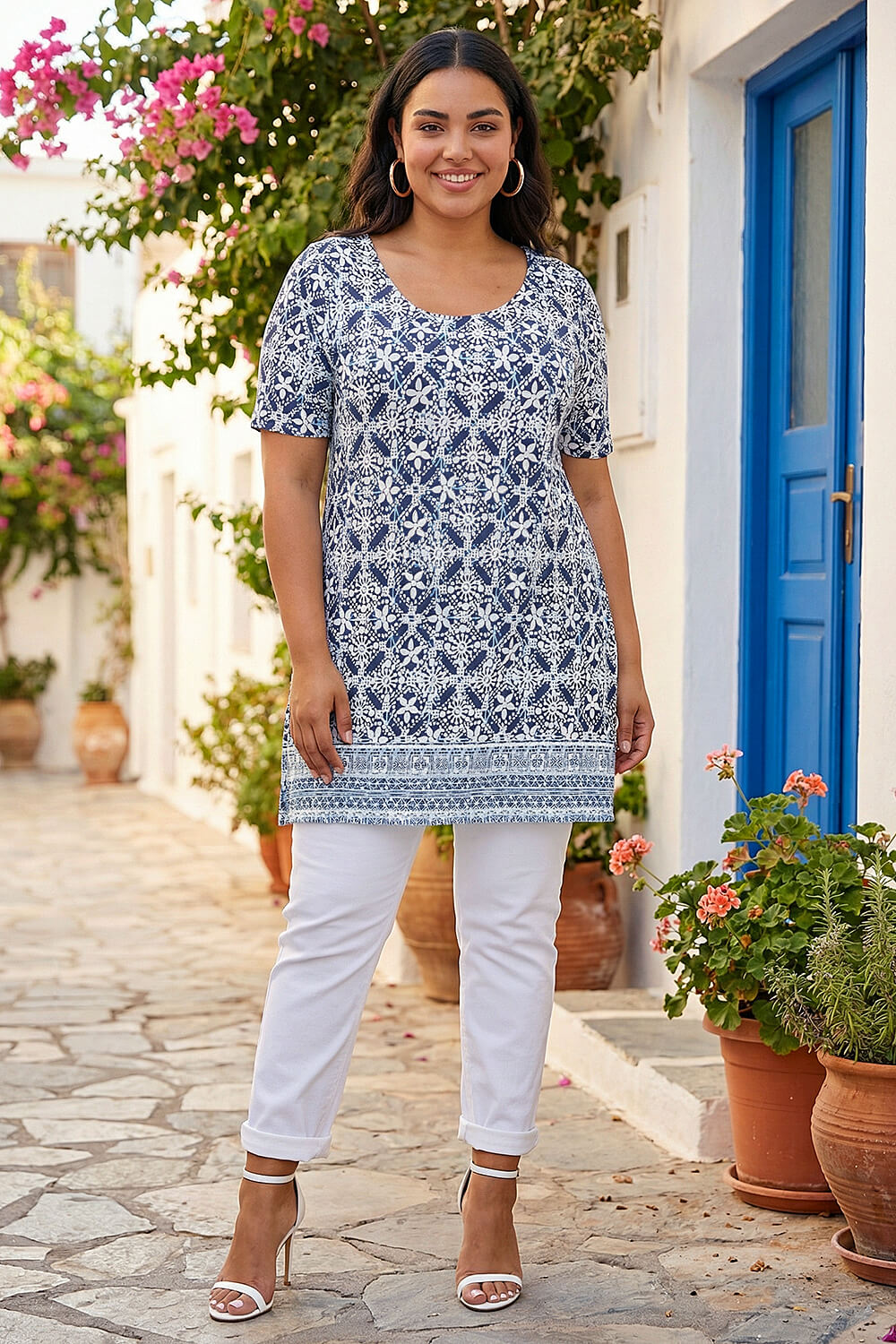 Blue Curve Geo Stretch Jersey Tunic Top, Image 1 of 4