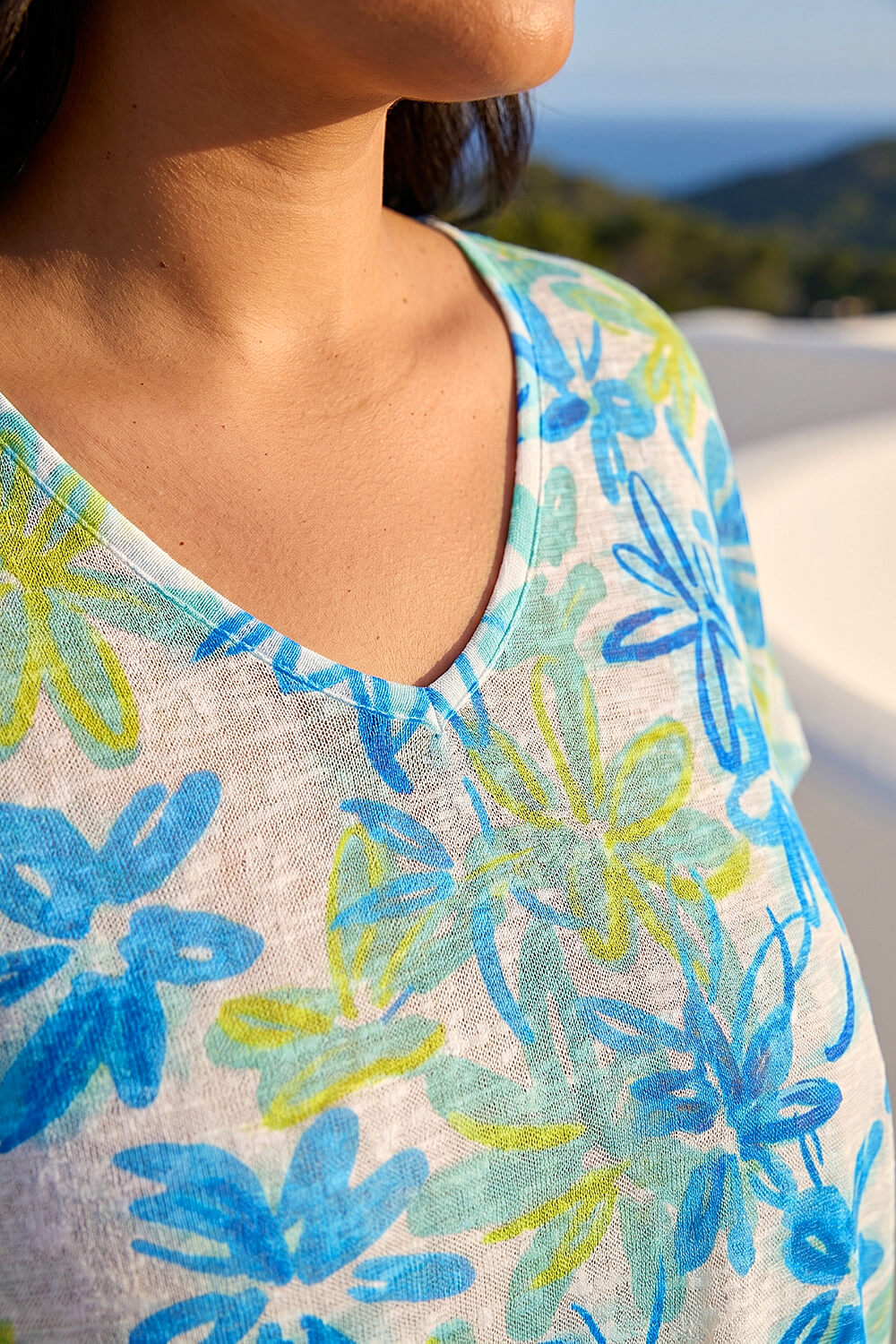 Blue Curve V-Neck Floral Top, Image 5 of 4