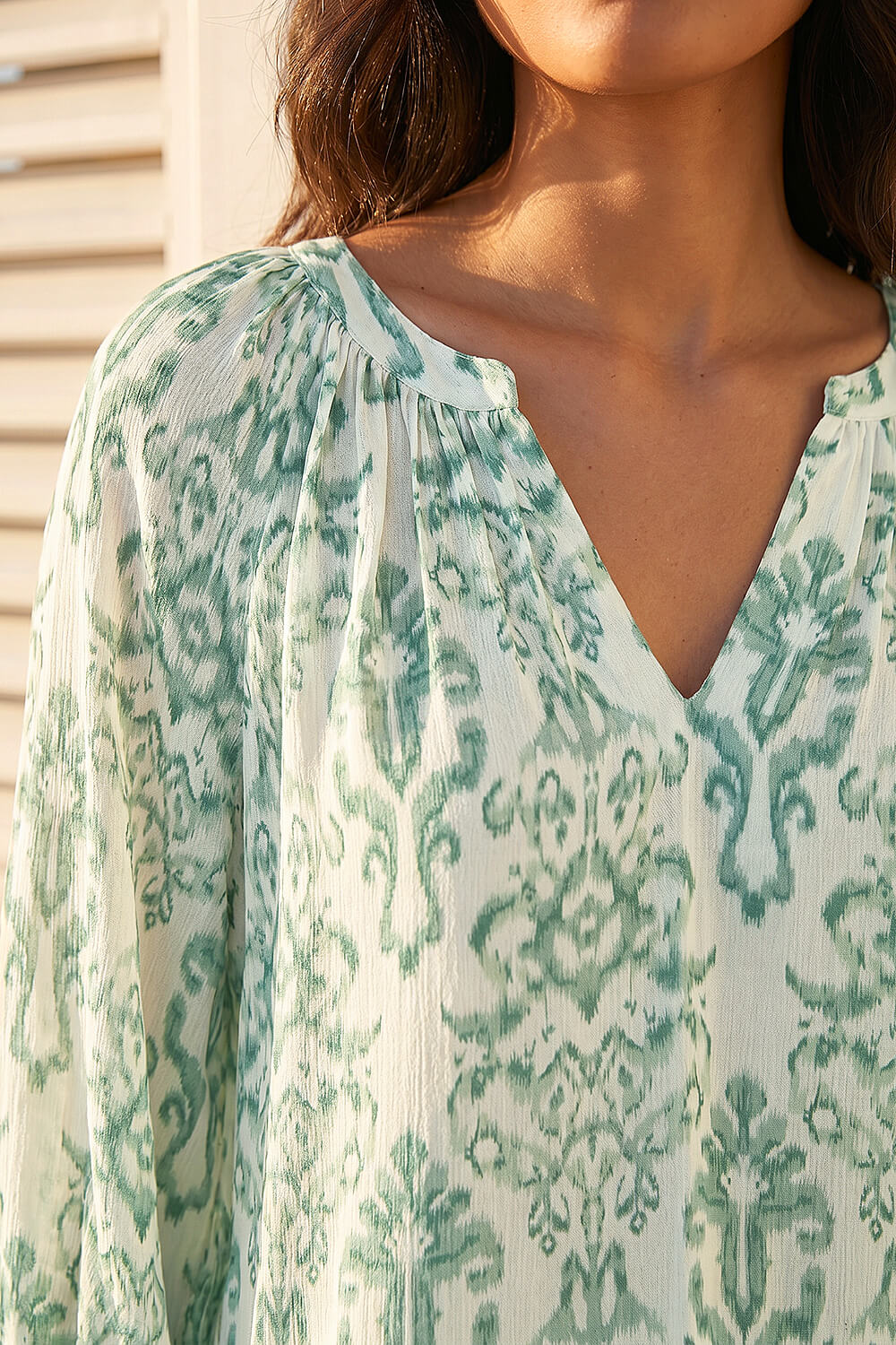 Green Ikat Print V-Neck Tunic Top, Image 5 of 4