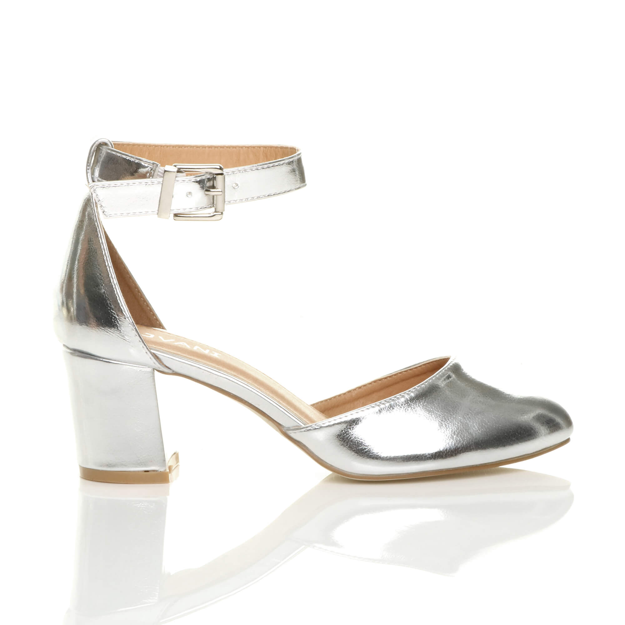 Silver AJVANI Silver Mid Block Heel Ankle Strap 2 Part Heels, Image 2 of 6