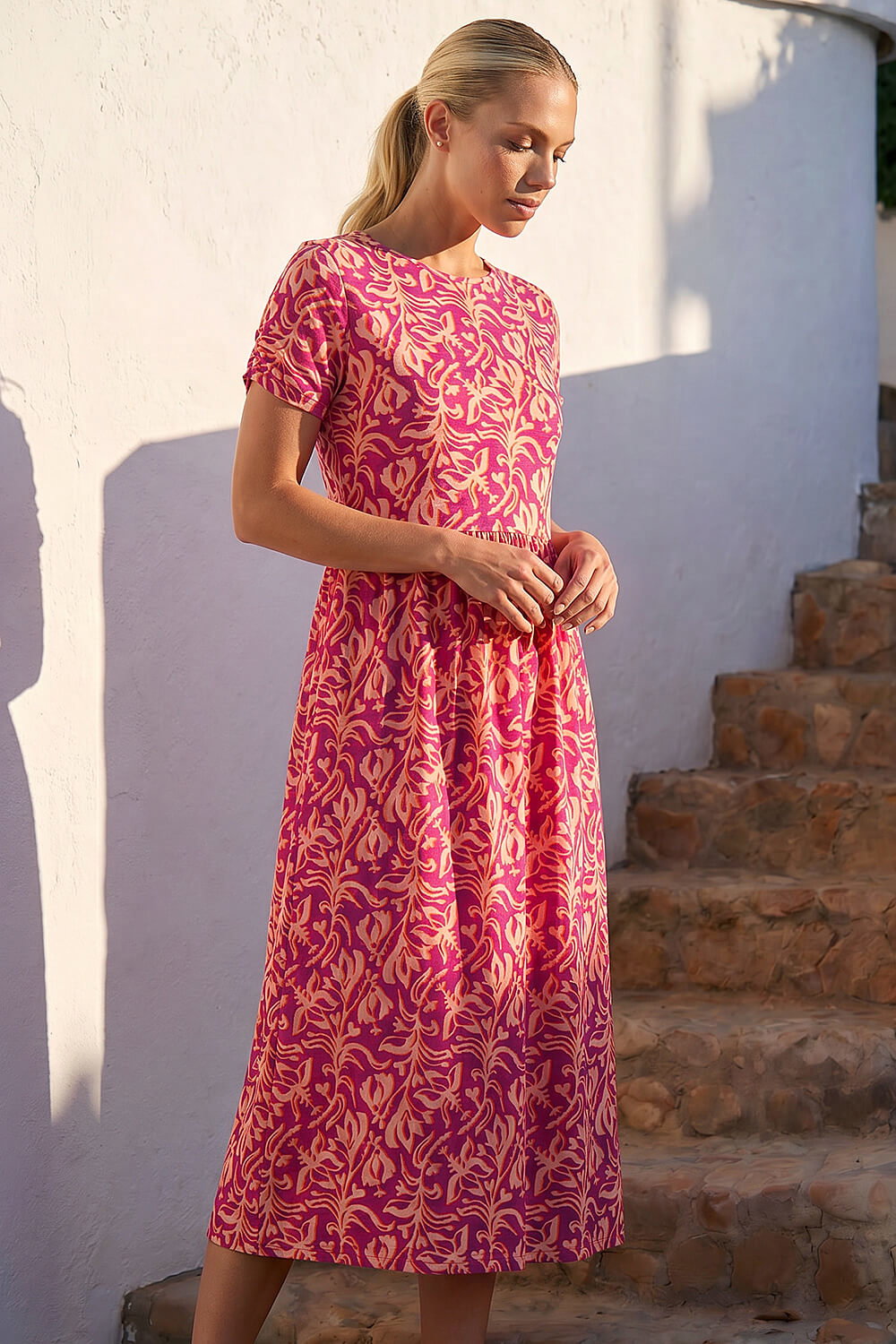 ORANGE Petite Abstract Print Gathered Midi Dress, Image 4 of 4