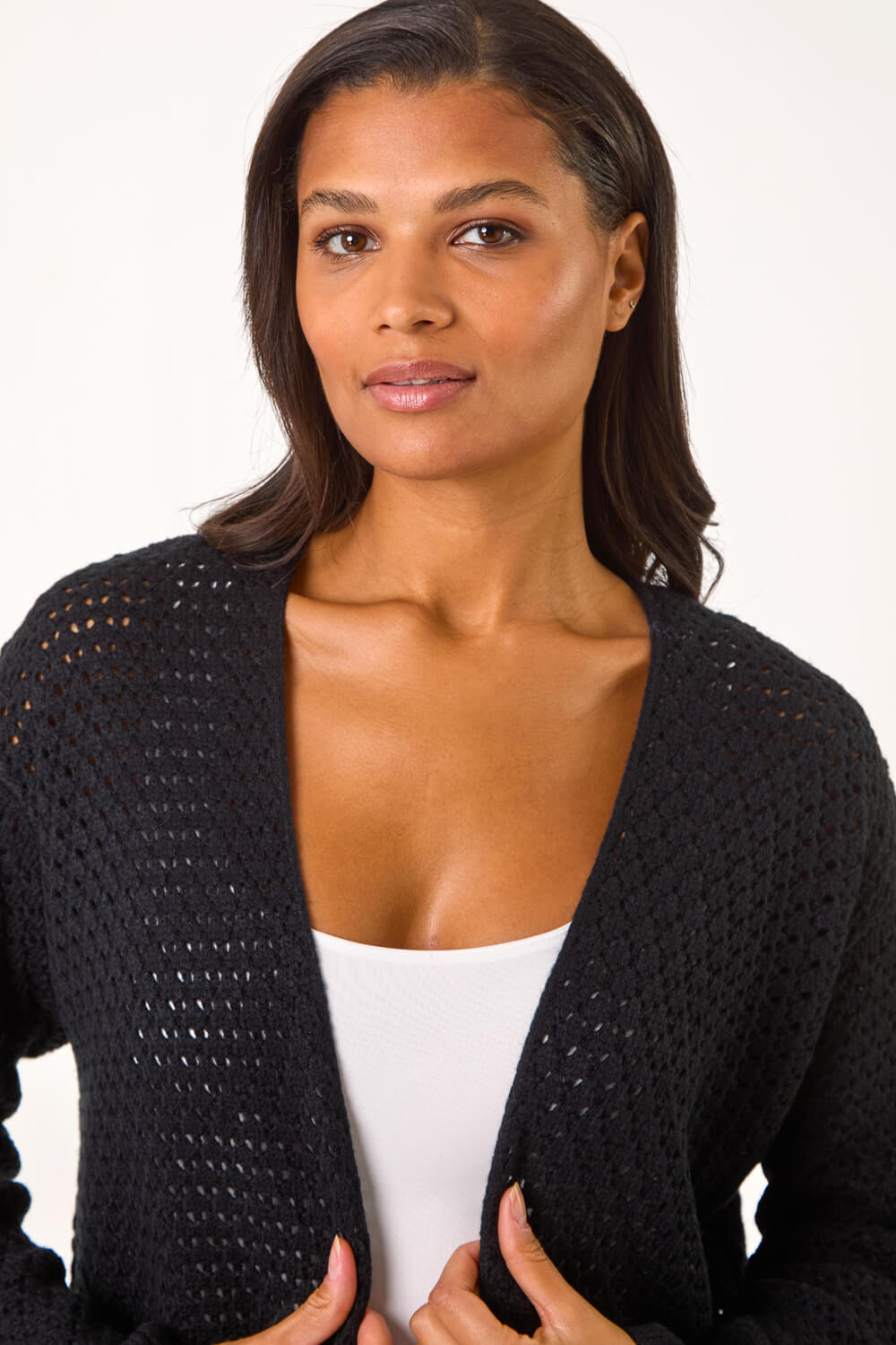 Black Jacquard Fringe Hem Knit Cardigan, Image 5 of 5
