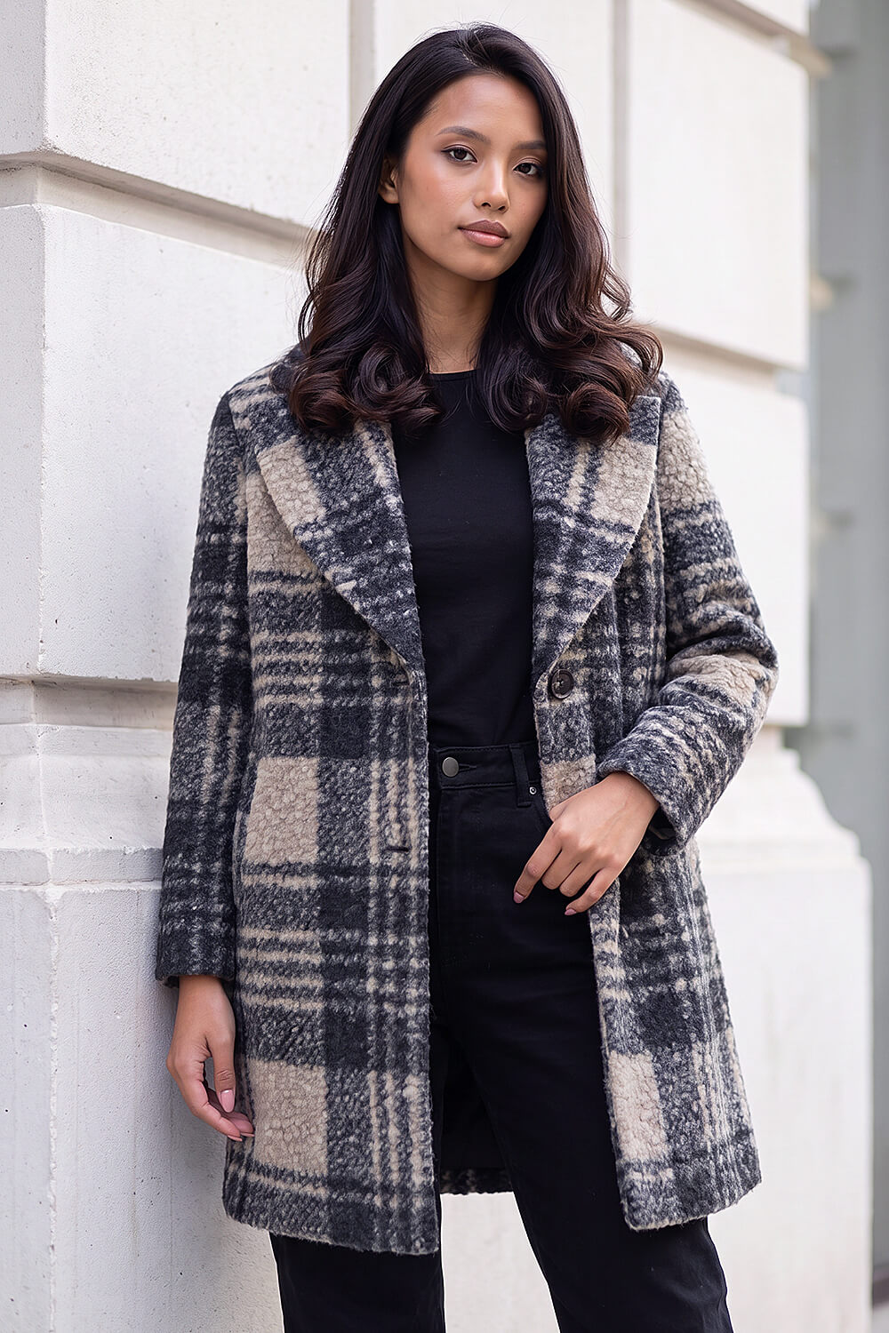 Roman Petite Women's Black Boucle Check Coat Size 10