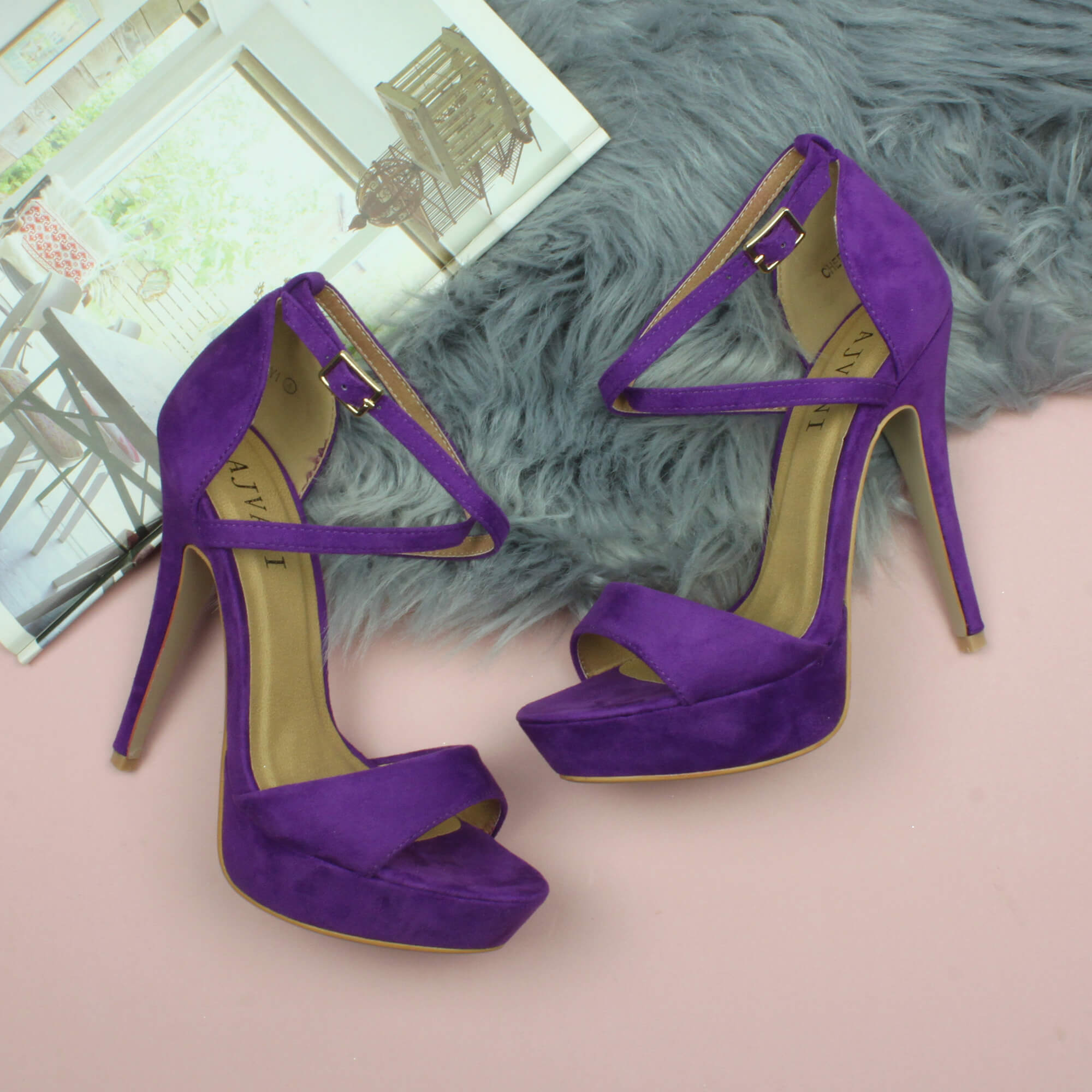 Purple High Heel Crossed Straps Platform Sandals, Image 4 of 6