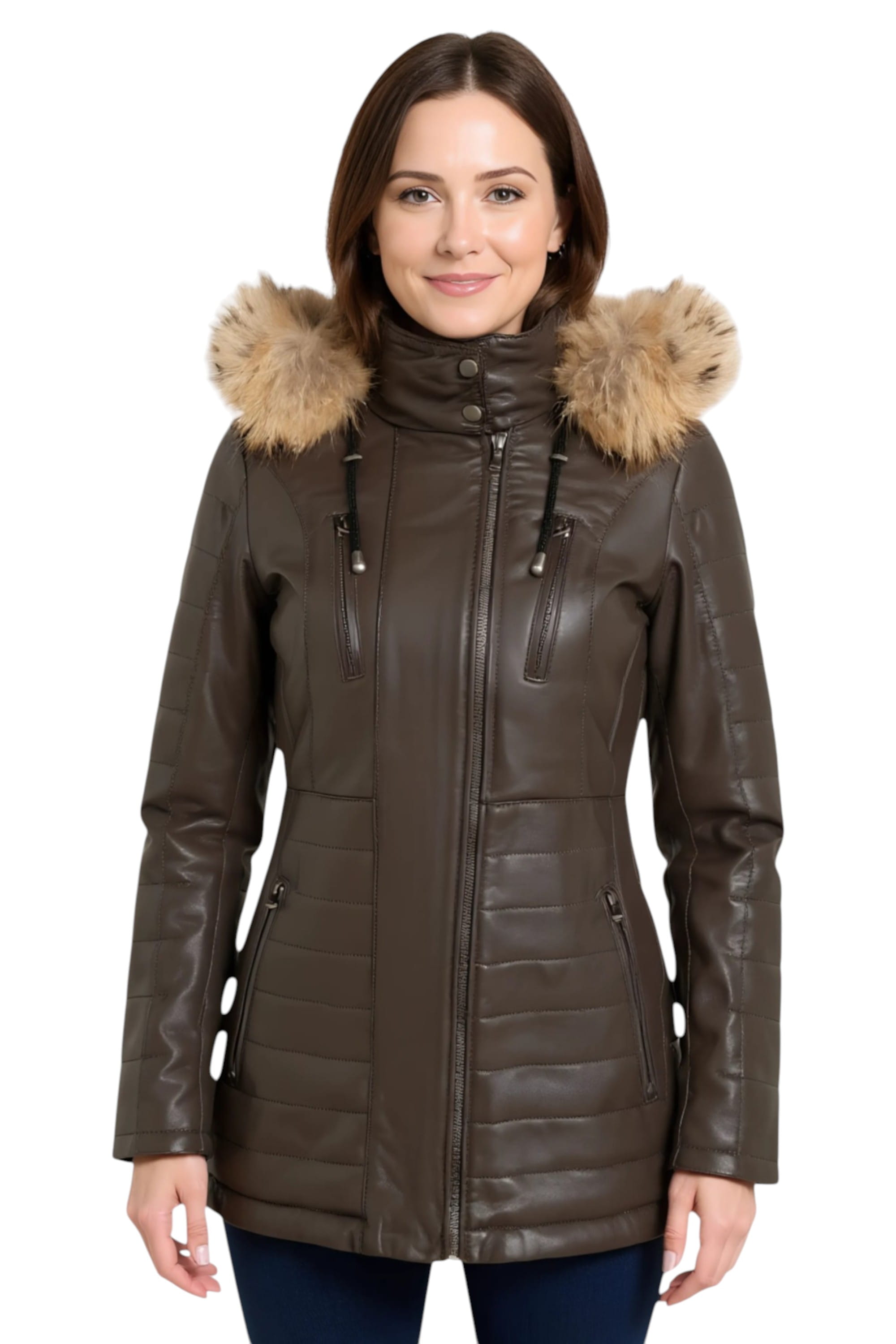 Brown Quilted Leather Parka Jacket-Bowen, Image 1 of 6