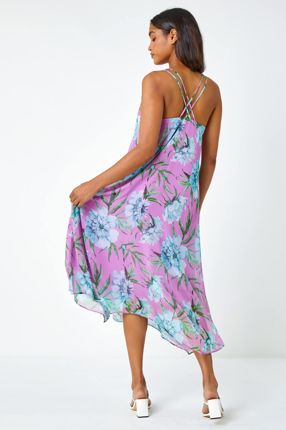 Pink Floral Chiffon Hanky Hem Midi Dress, Image 6 of 6