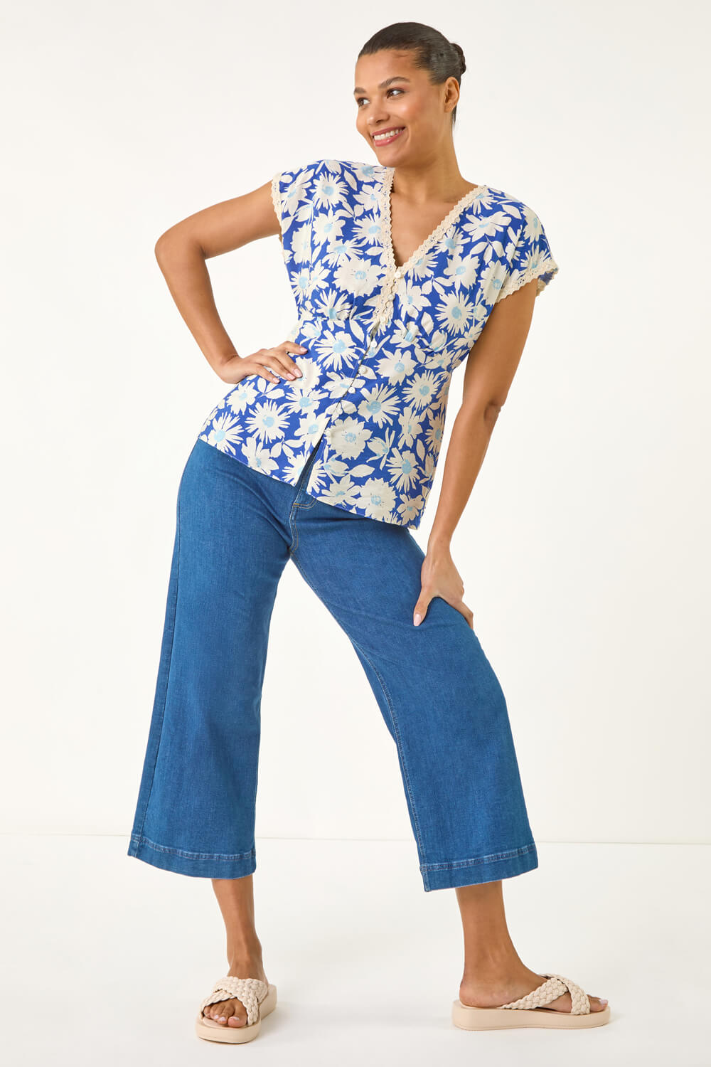 Blue Floral Print Lace Trim Top, Image 3 of 5