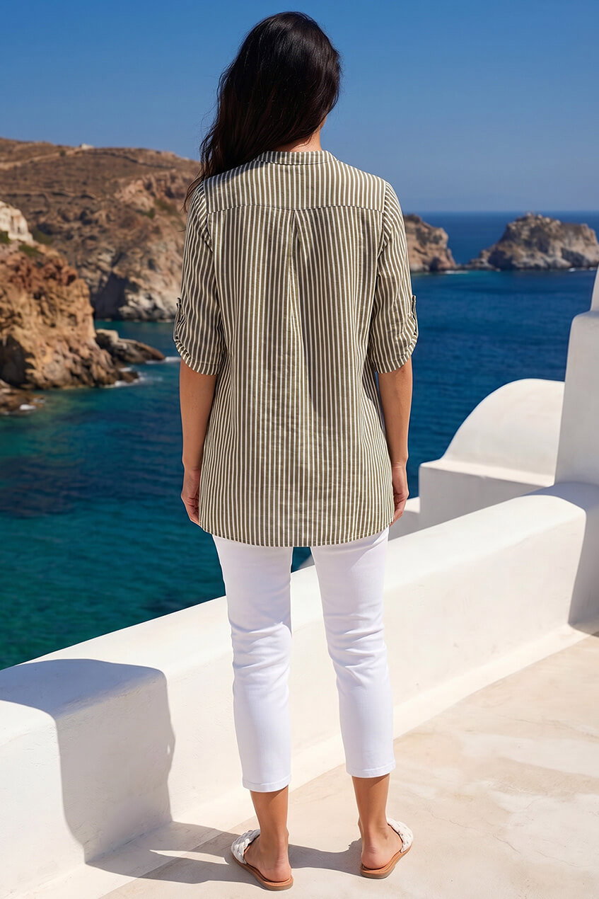 KHAKI Classic Stripe Button Front Top, Image 4 of 4