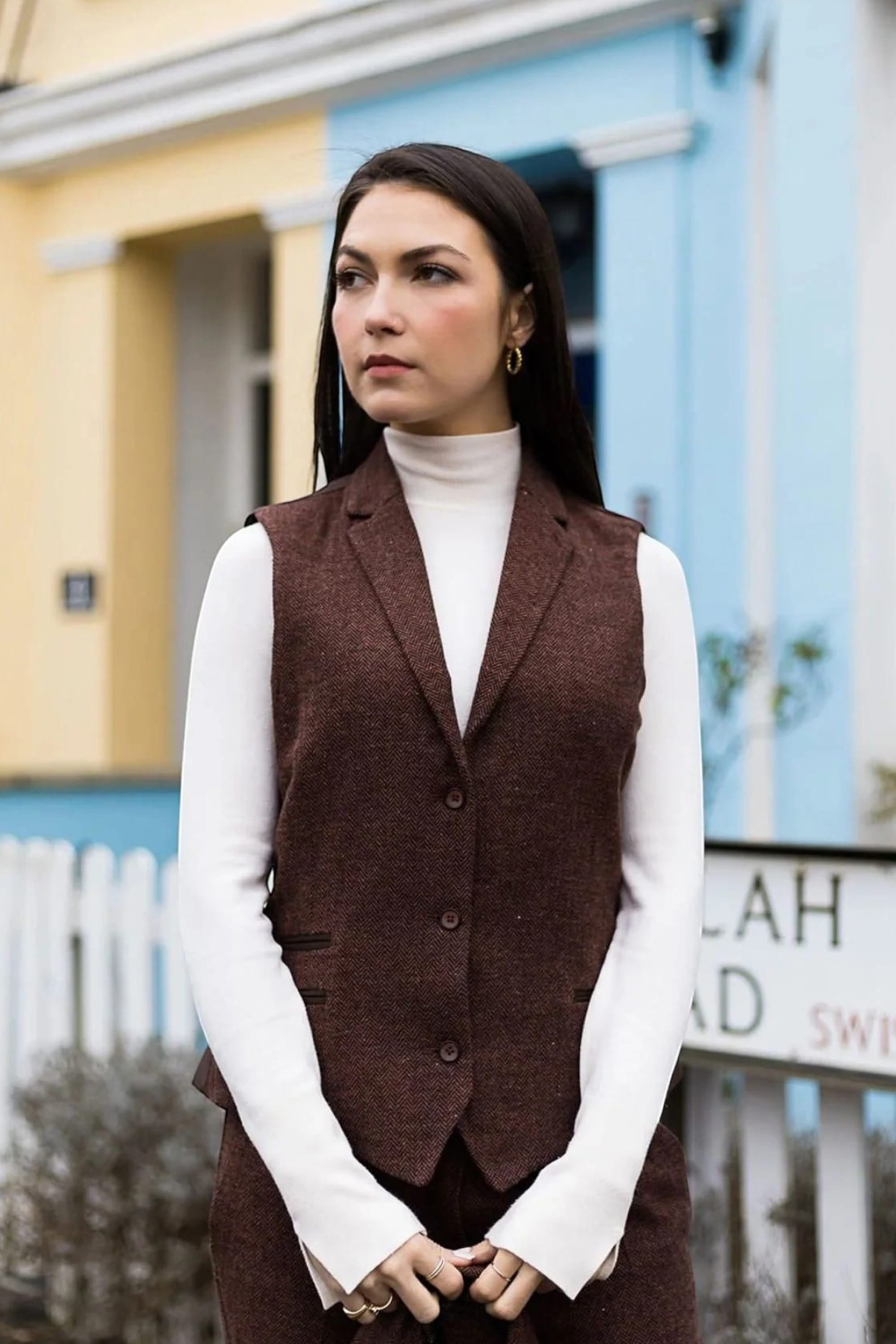 Rust Infinity Leather Rust Herringbone Wool Tweed Check Waistcoat, Image 2 of 4
