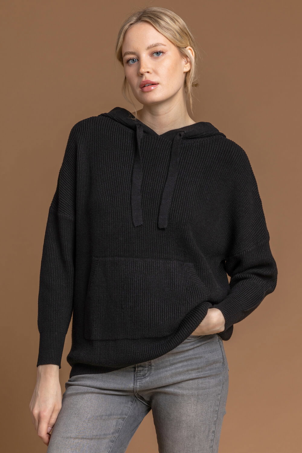 Black Ribbed Knit Drawcord Hoodie, Image 4 of 4