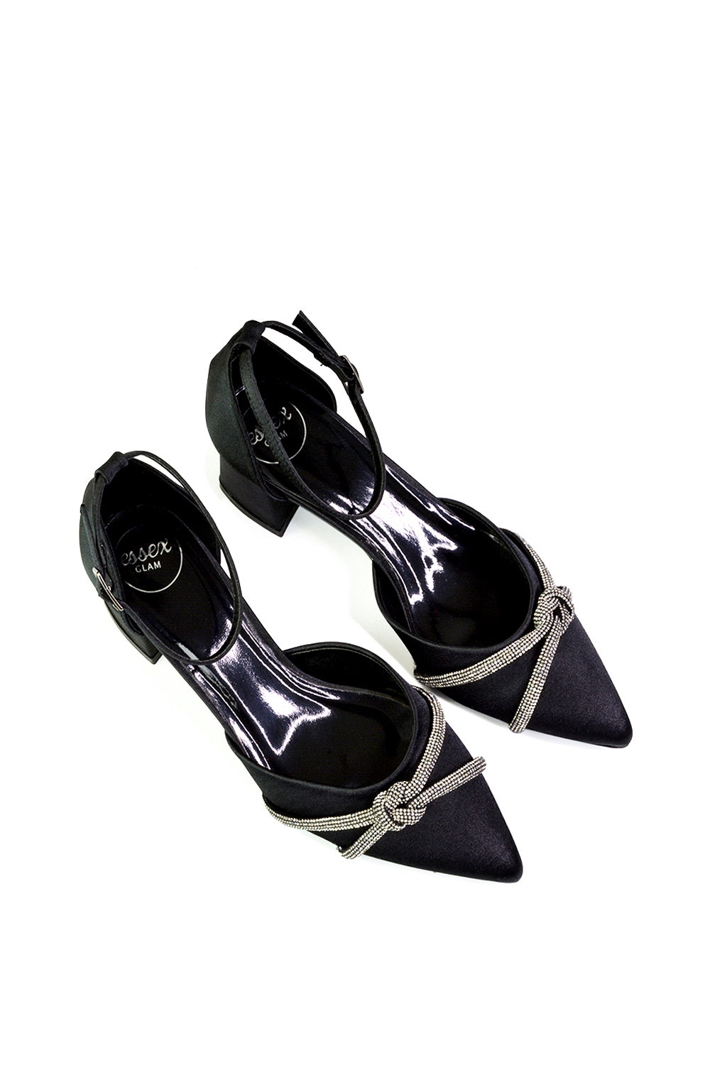 Black XY LONDON Black 'Sarah' Ankle Strap Pointed Toe Diamante Mid Block Heels, Image 4 of 5