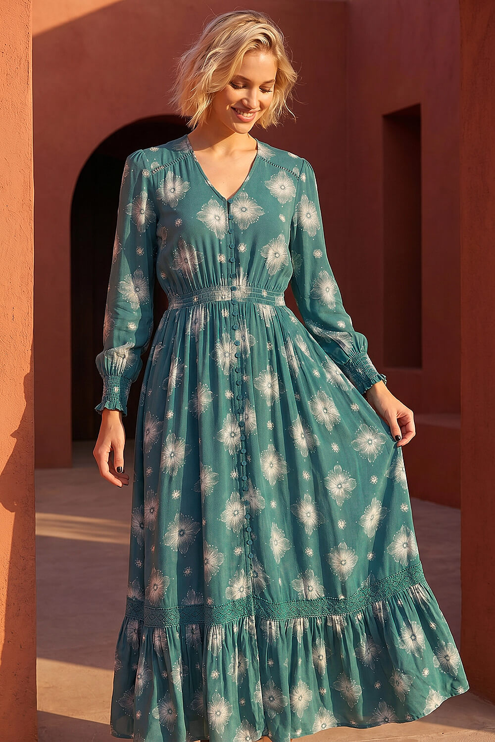 Emerald Floral Lace Trim Midi Dress, Image 3 of 4