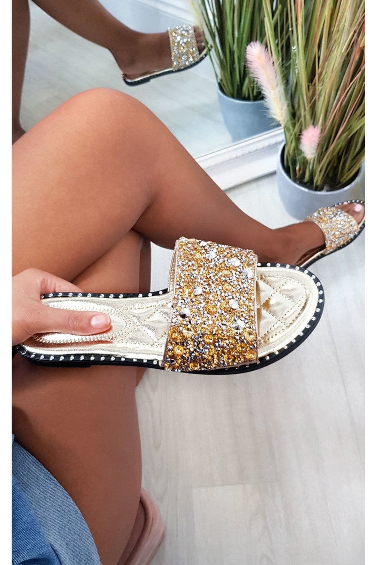 Black Sofie Embellished Slip On Sandals
