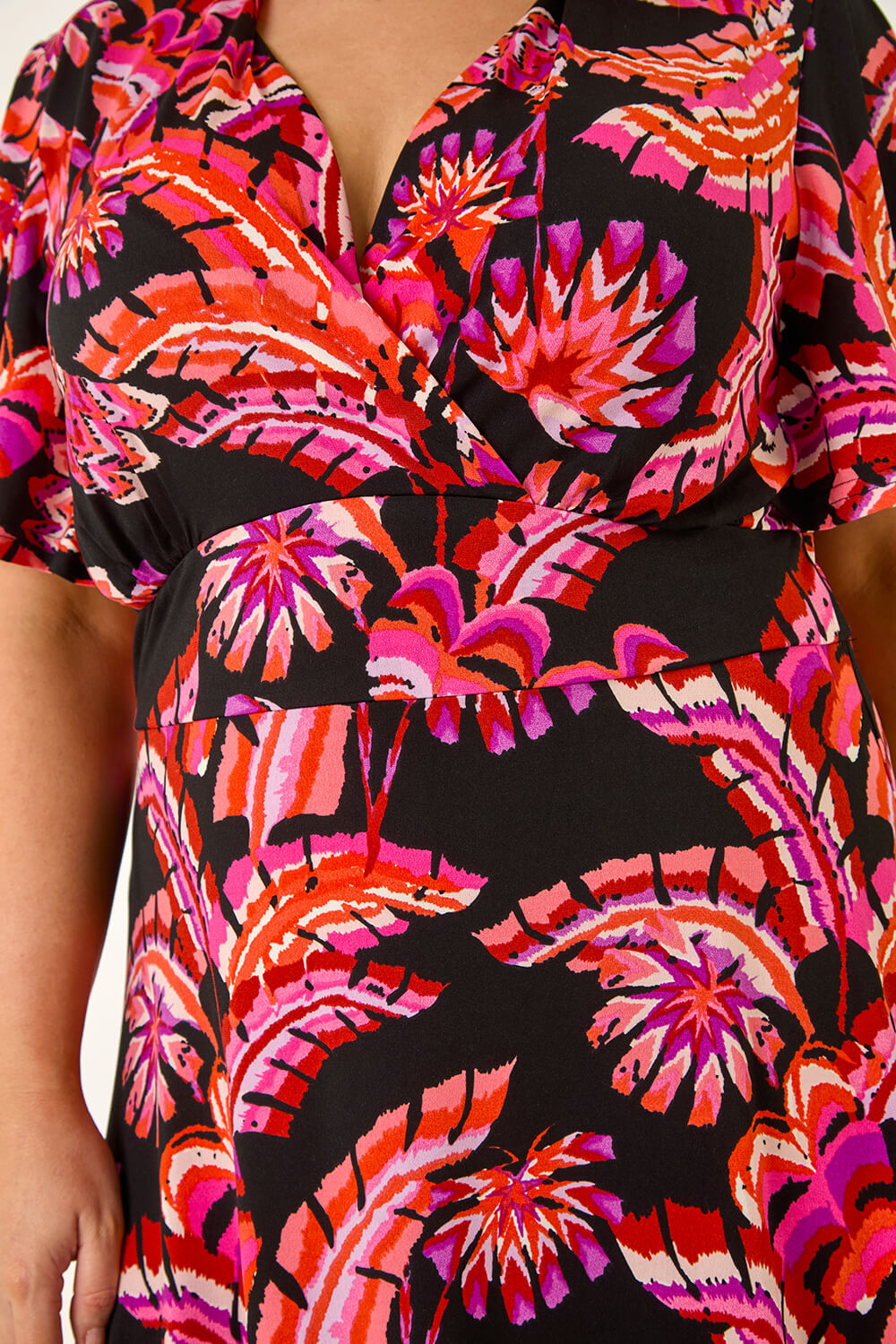 Pink Curve Leaf Print Wrap Midi Dress, Image 6 of 5